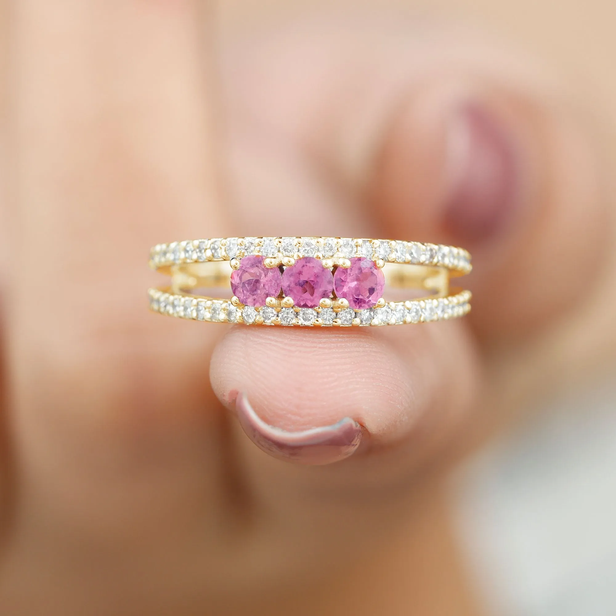 Pink Tourmaline and Diamond Split Shank Anniversary Ring