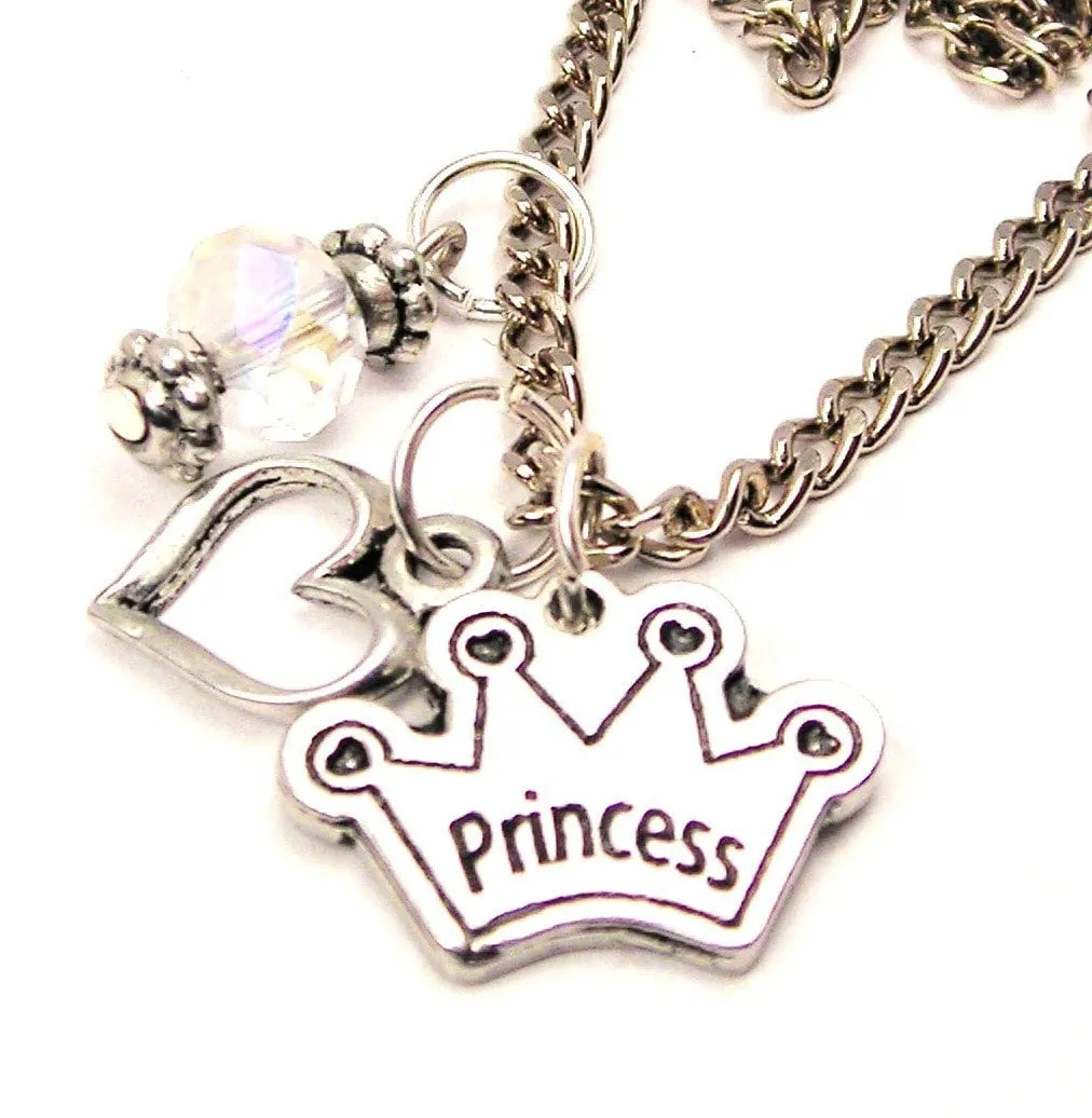 Princess Crown With Four Point Hearts Necklace with Small Heart