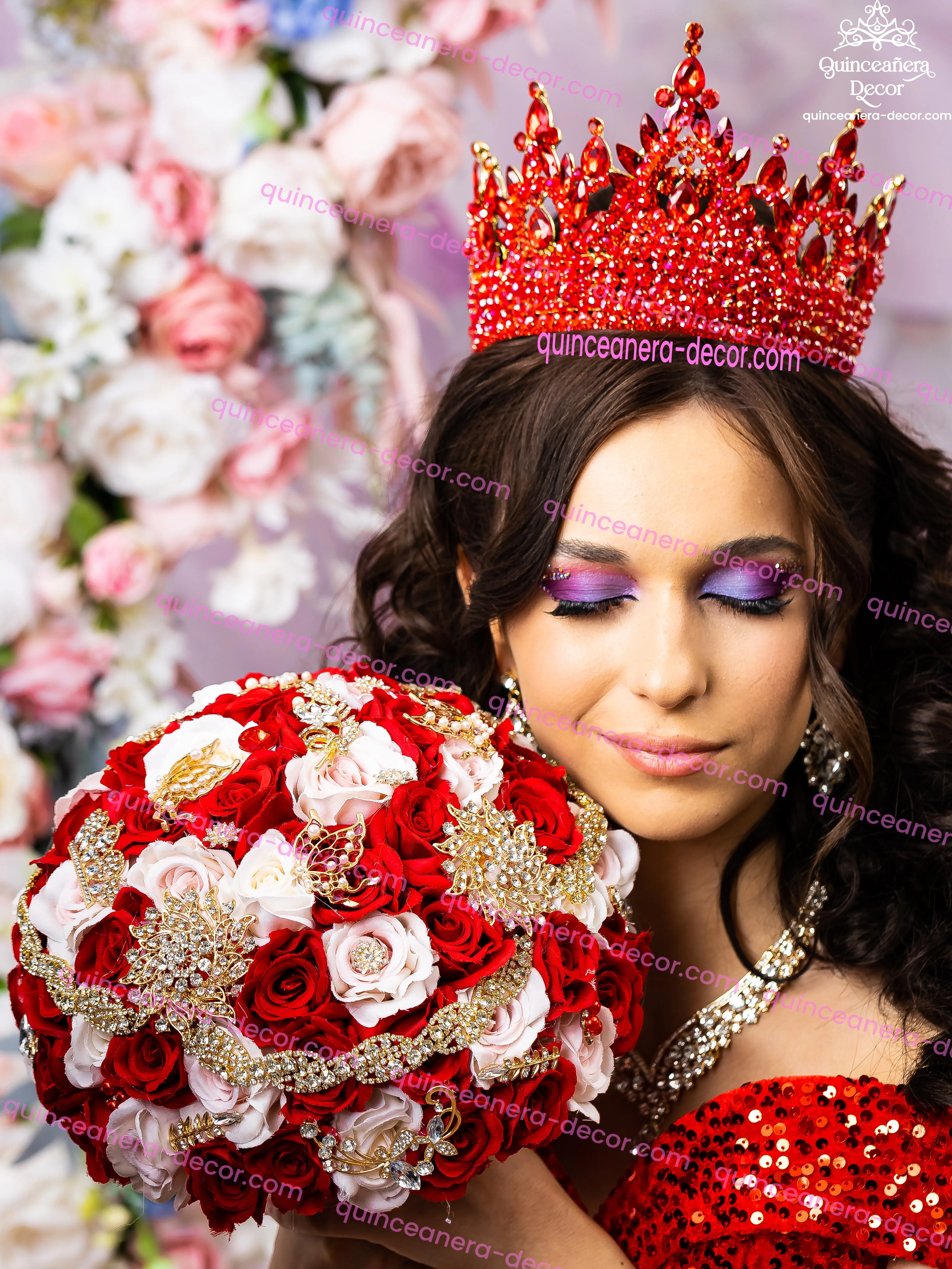 Quinceanera red and gold bouquet 13 inches