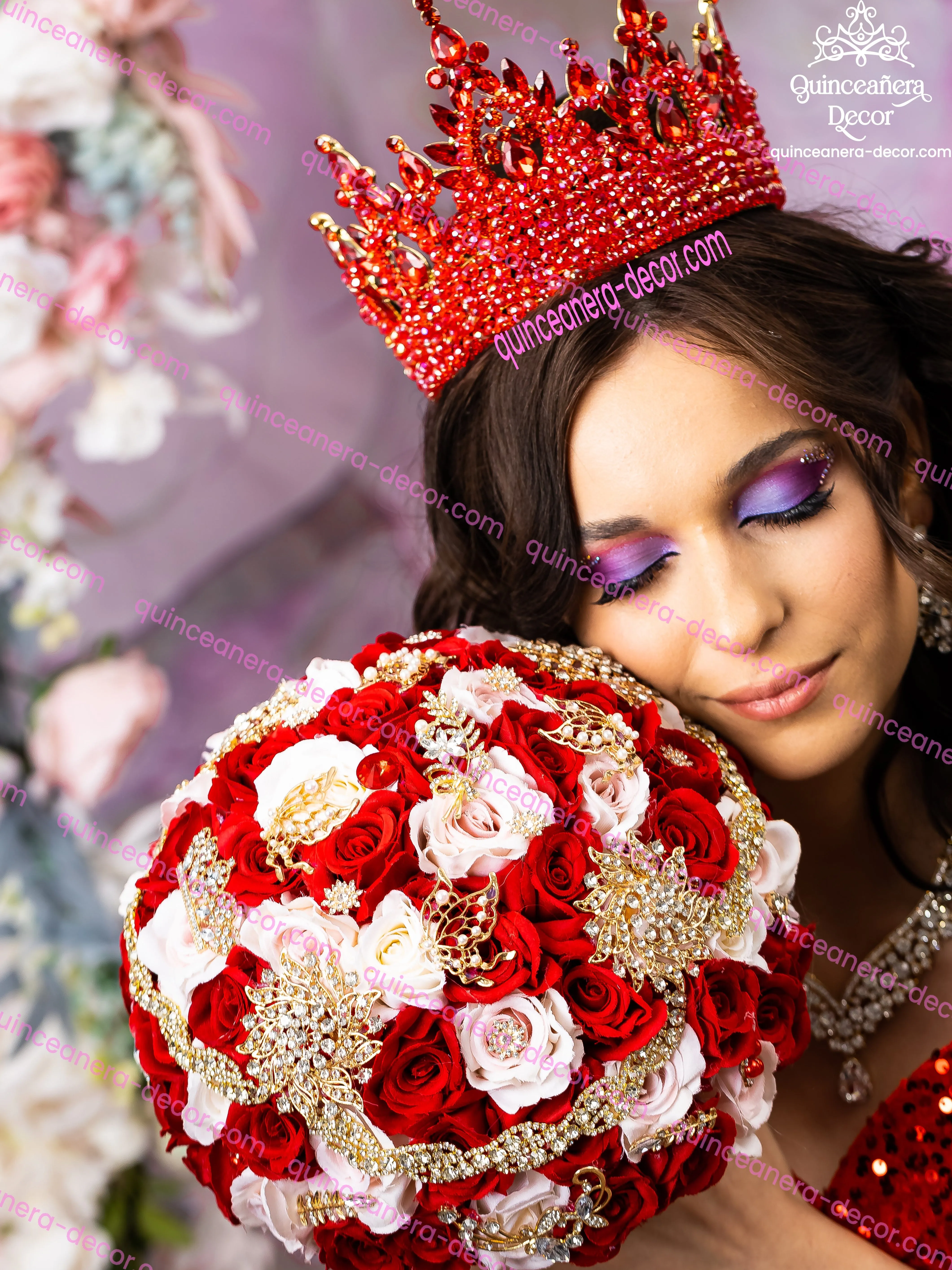 Quinceanera red and gold bouquet 13 inches