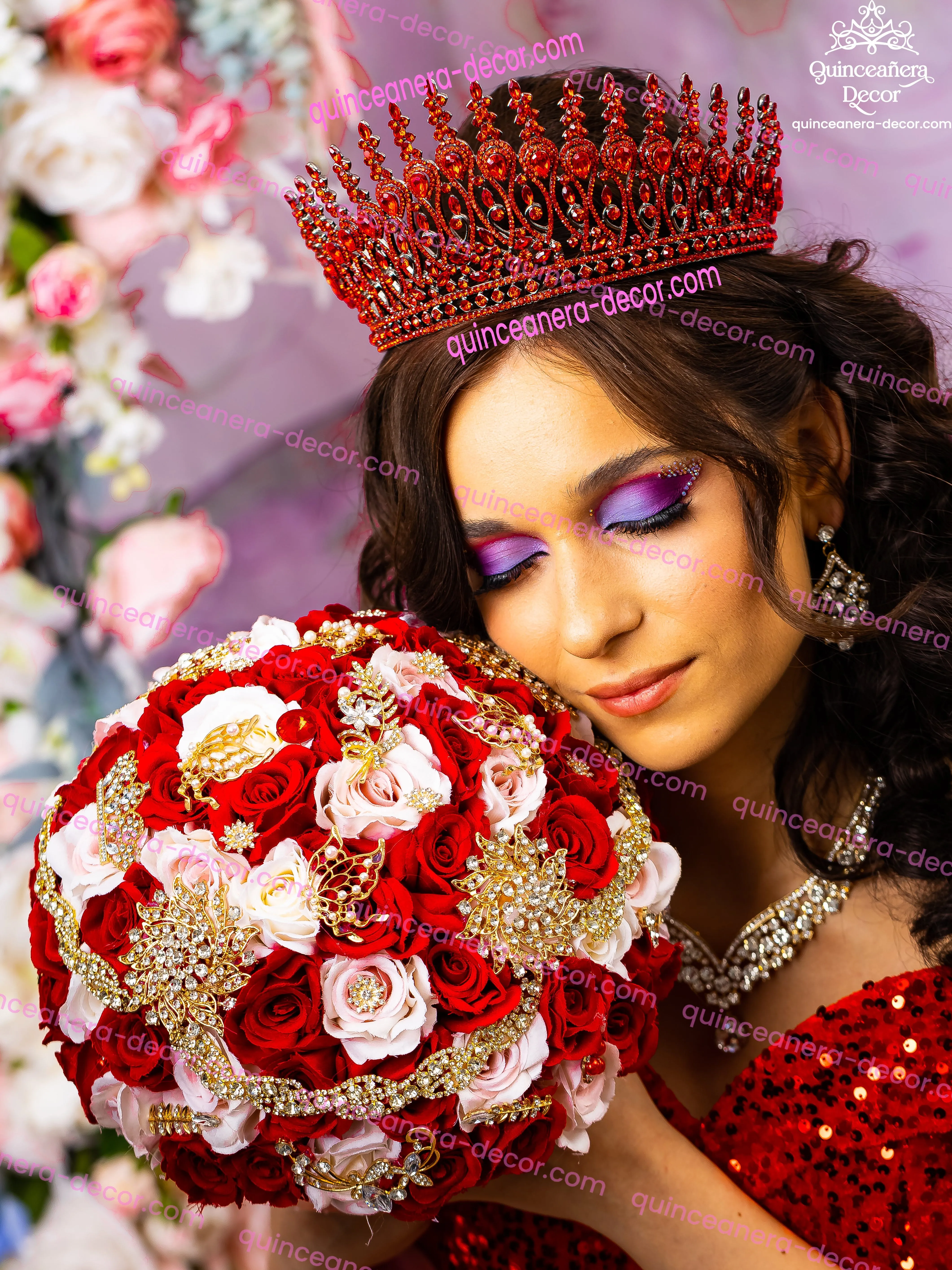 Quinceanera red and gold bouquet 13 inches