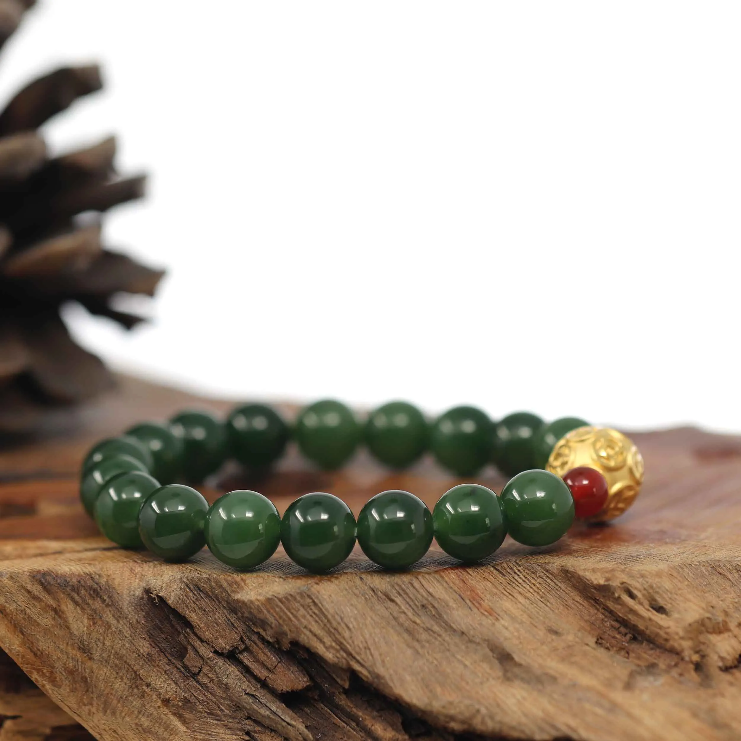 RealJade® Co. Natural Green Nephrite Jade Round Beads Bracelet with 24K Pure Yellow Gold Money Beads ( 9.5 mm )