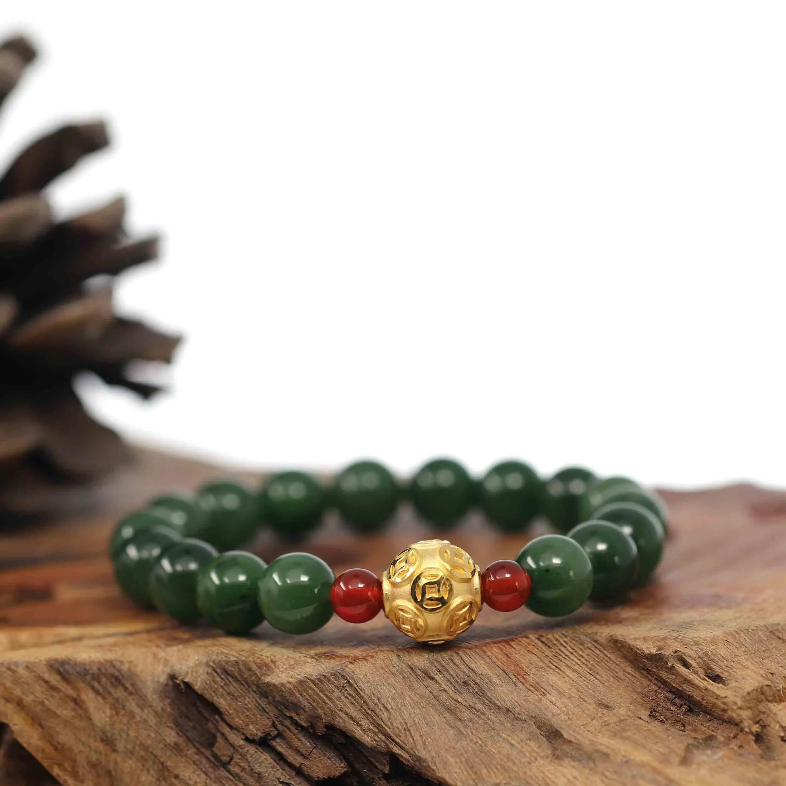 RealJade® Co. Natural Green Nephrite Jade Round Beads Bracelet with 24K Pure Yellow Gold Money Beads ( 9.5 mm )