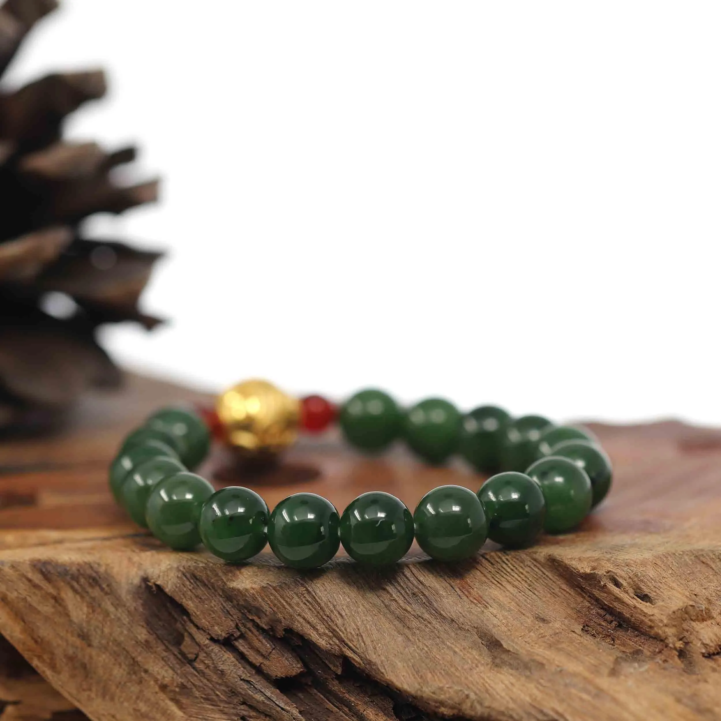 RealJade® Co. Natural Green Nephrite Jade Round Beads Bracelet with 24K Pure Yellow Gold Money Beads ( 9.5 mm )