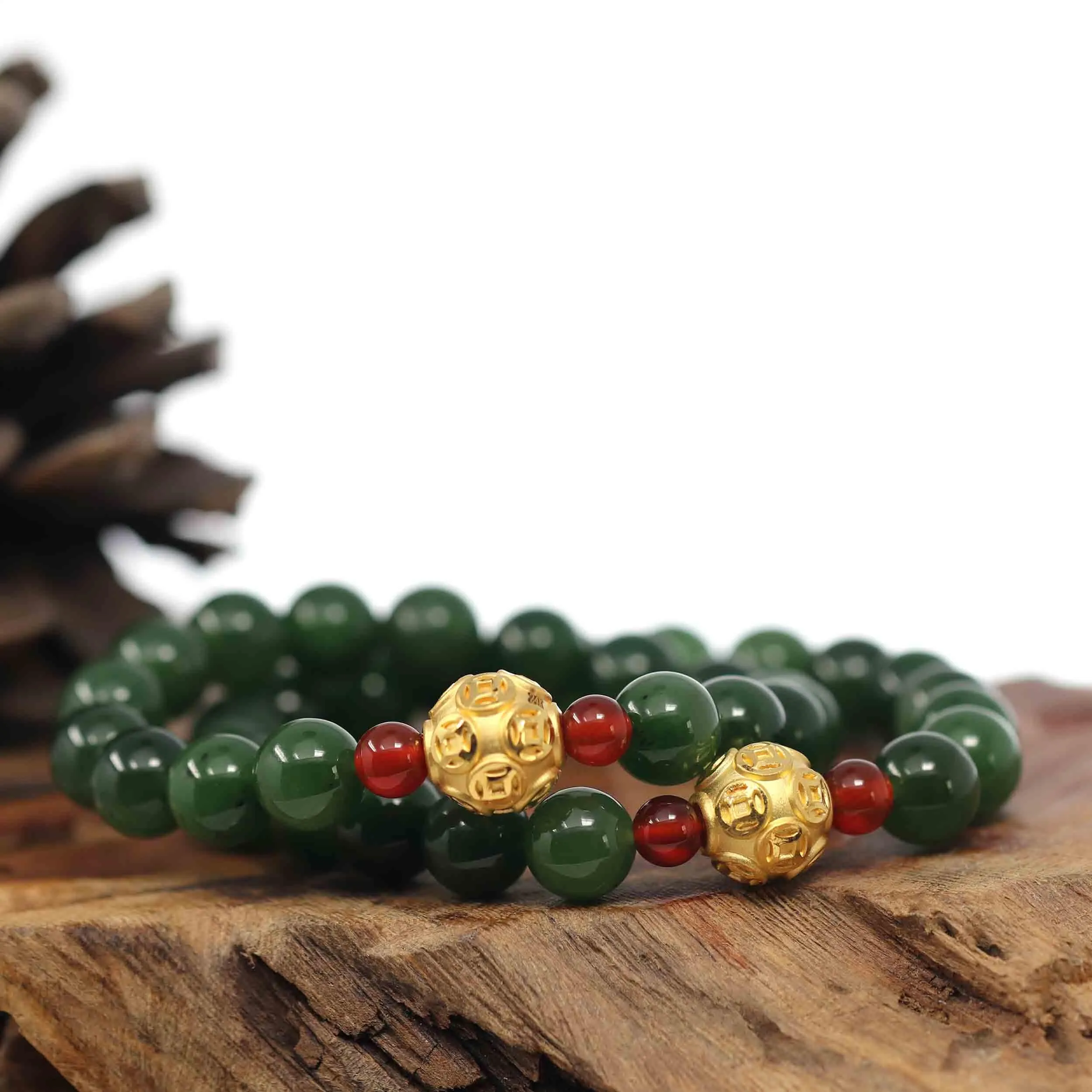 RealJade® Co. Natural Green Nephrite Jade Round Beads Bracelet with 24K Pure Yellow Gold Money Beads ( 9.5 mm )