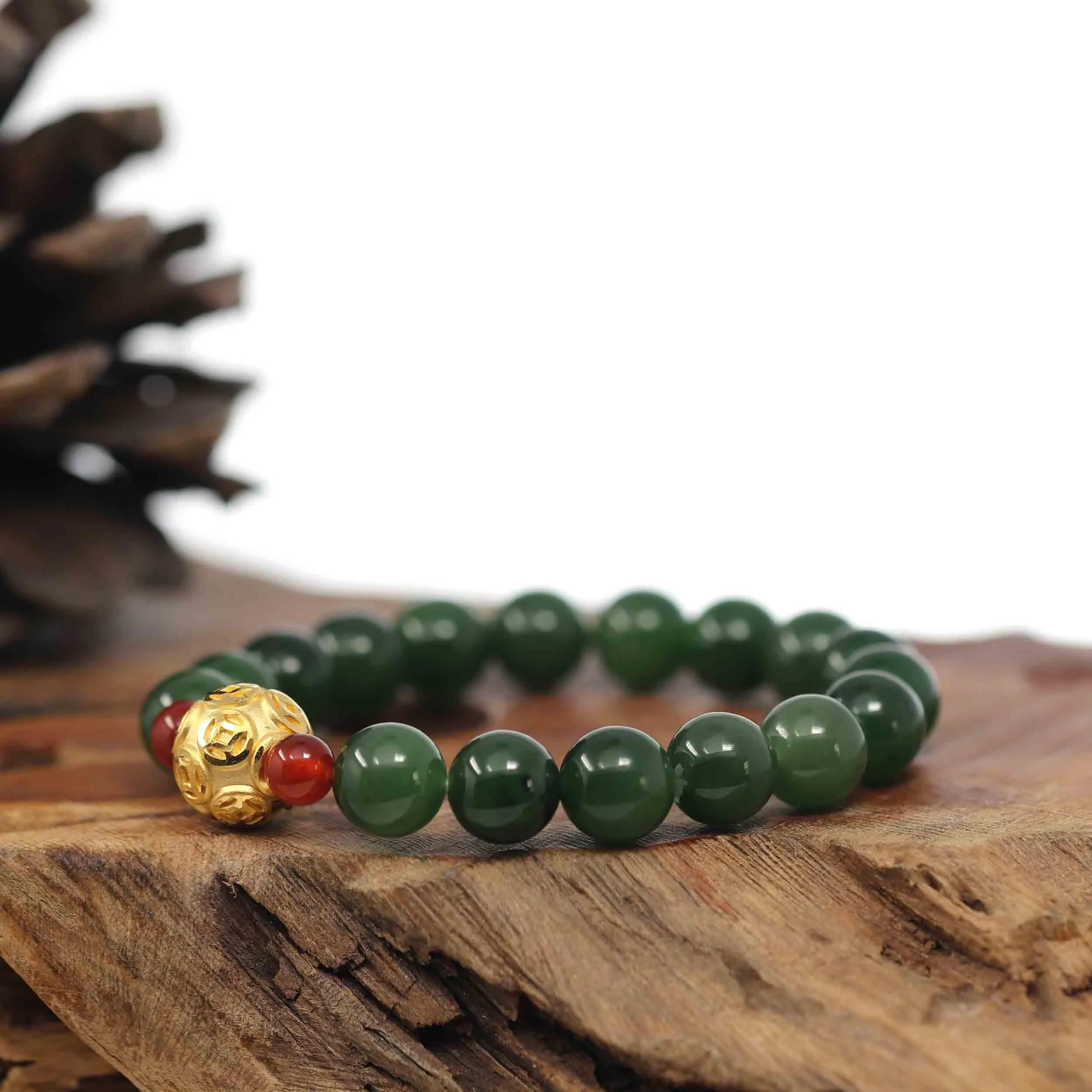 RealJade® Co. Natural Green Nephrite Jade Round Beads Bracelet with 24K Pure Yellow Gold Money Beads ( 9.5 mm )