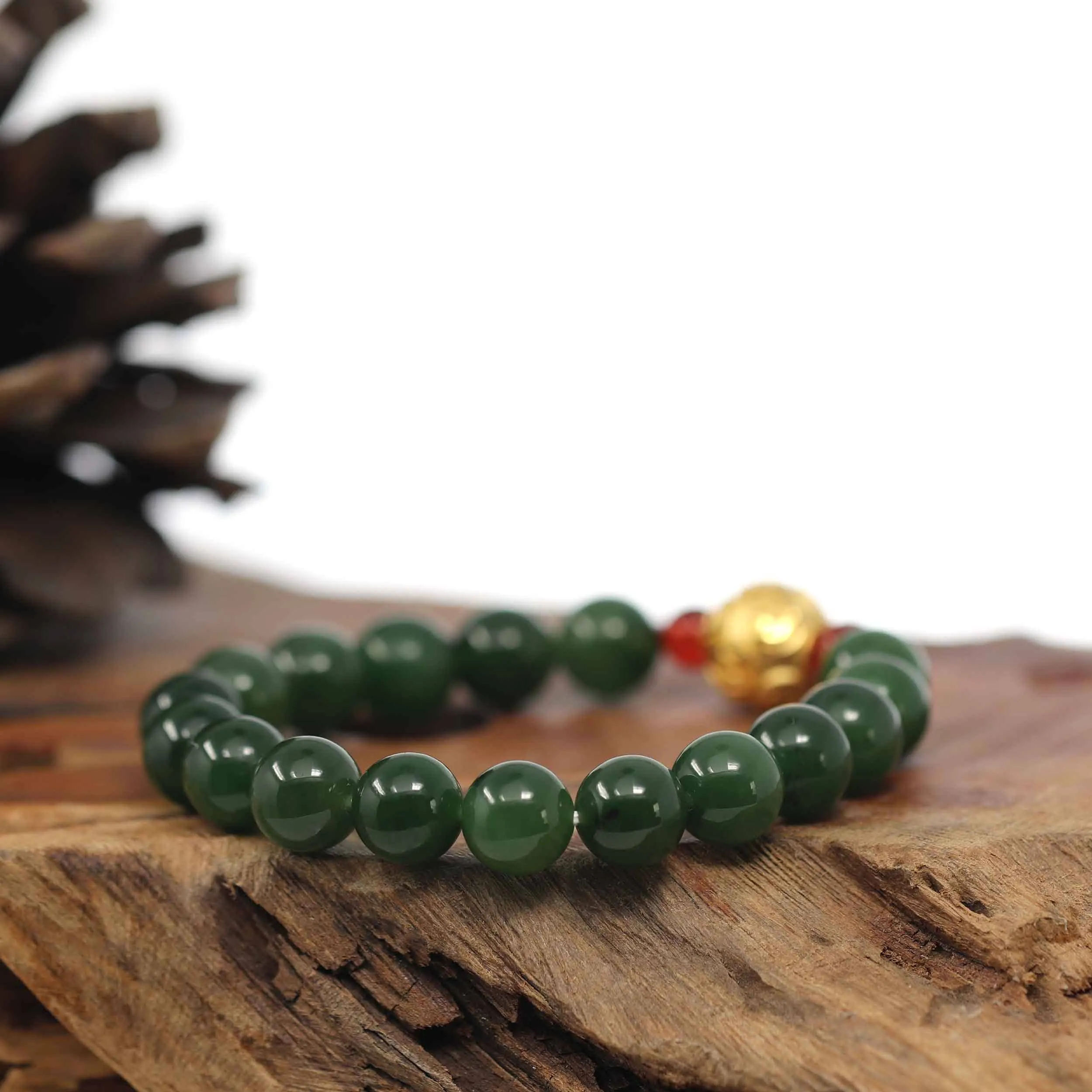 RealJade® Co. Natural Green Nephrite Jade Round Beads Bracelet with 24K Pure Yellow Gold Money Beads ( 9.5 mm )