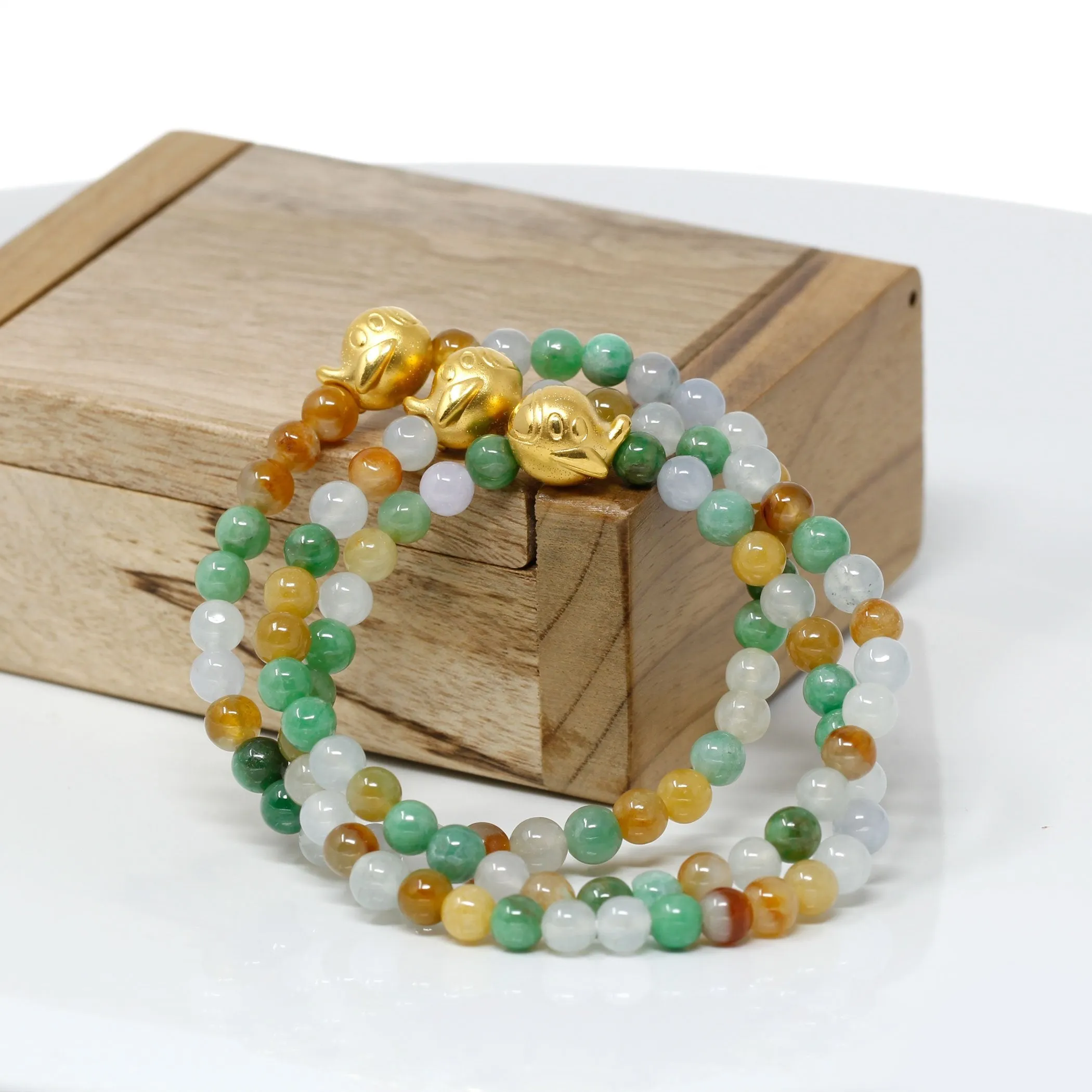 RealJade® "Submarine" Genuine High-quality Jade Jadeite Bracelet Bangle with 24k Yellow Golden Duck Charm Colorful #407