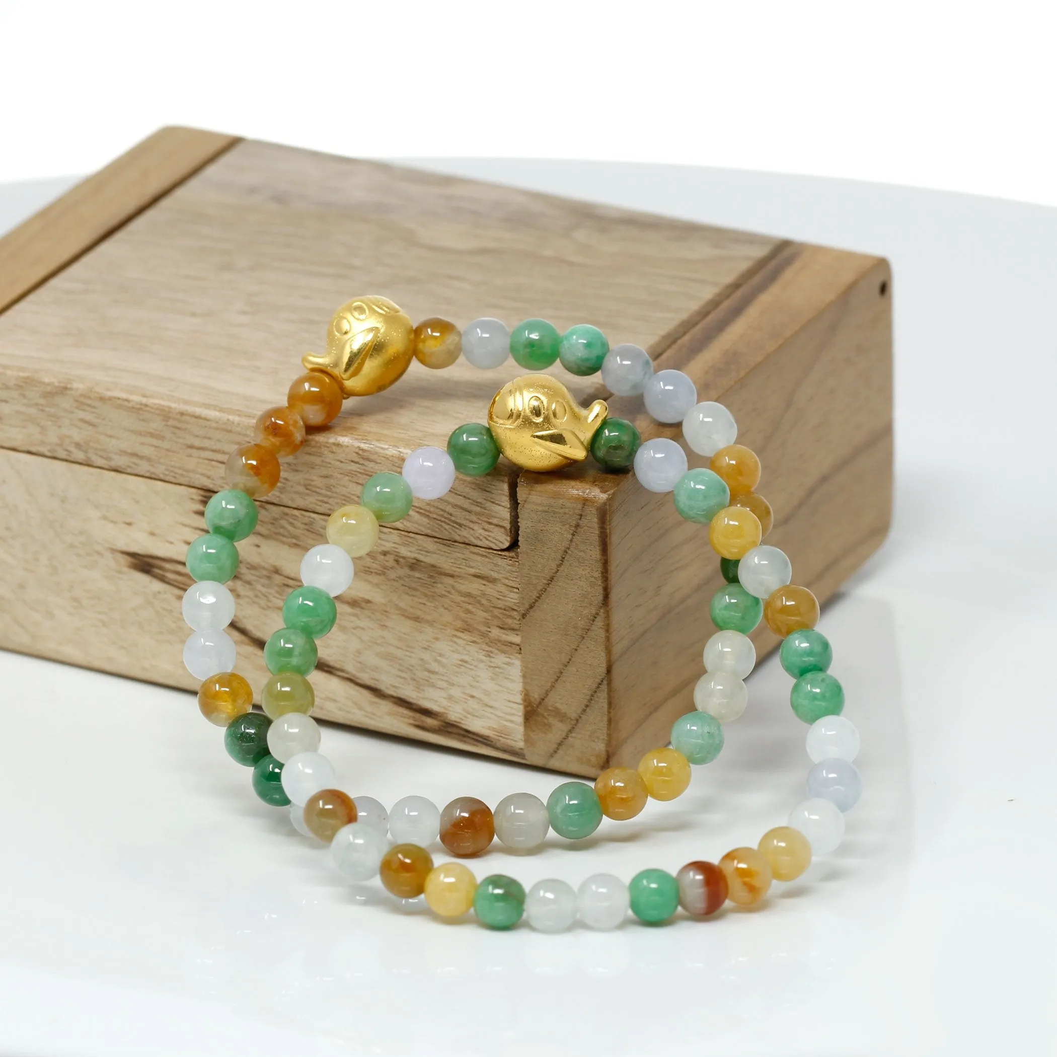 RealJade® "Submarine" Genuine High-quality Jade Jadeite Bracelet Bangle with 24k Yellow Golden Duck Charm Colorful #407