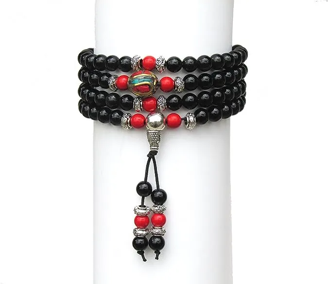 Red Cinnabar & Obsidian Mala Bracelet/Necklace