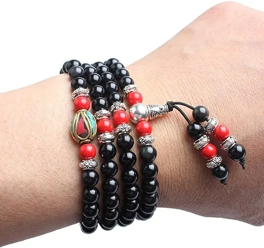 Red Cinnabar & Obsidian Mala Bracelet/Necklace