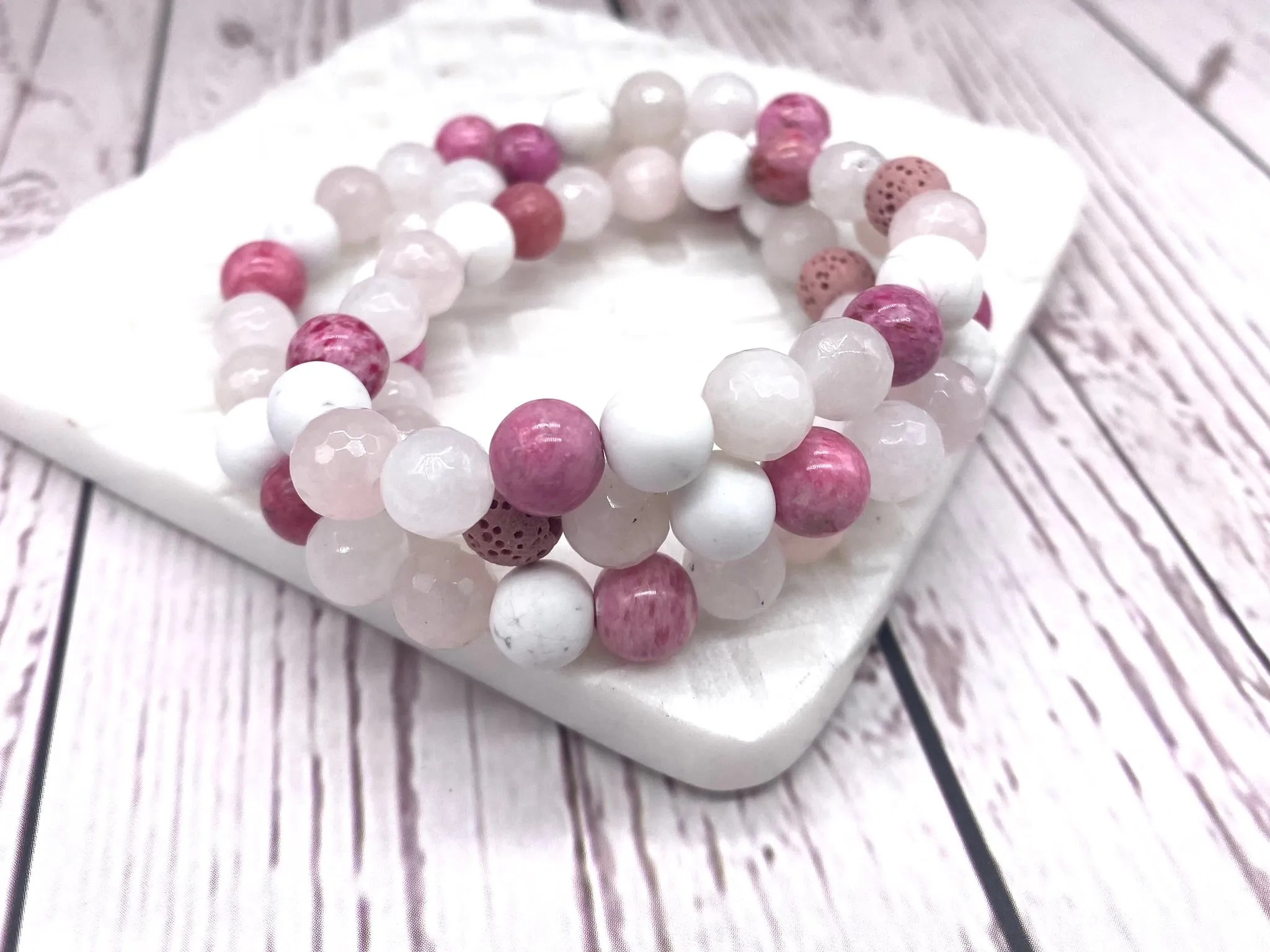 Rhodonite Pink Beaded with Lava Stone Diffuser Bracelet