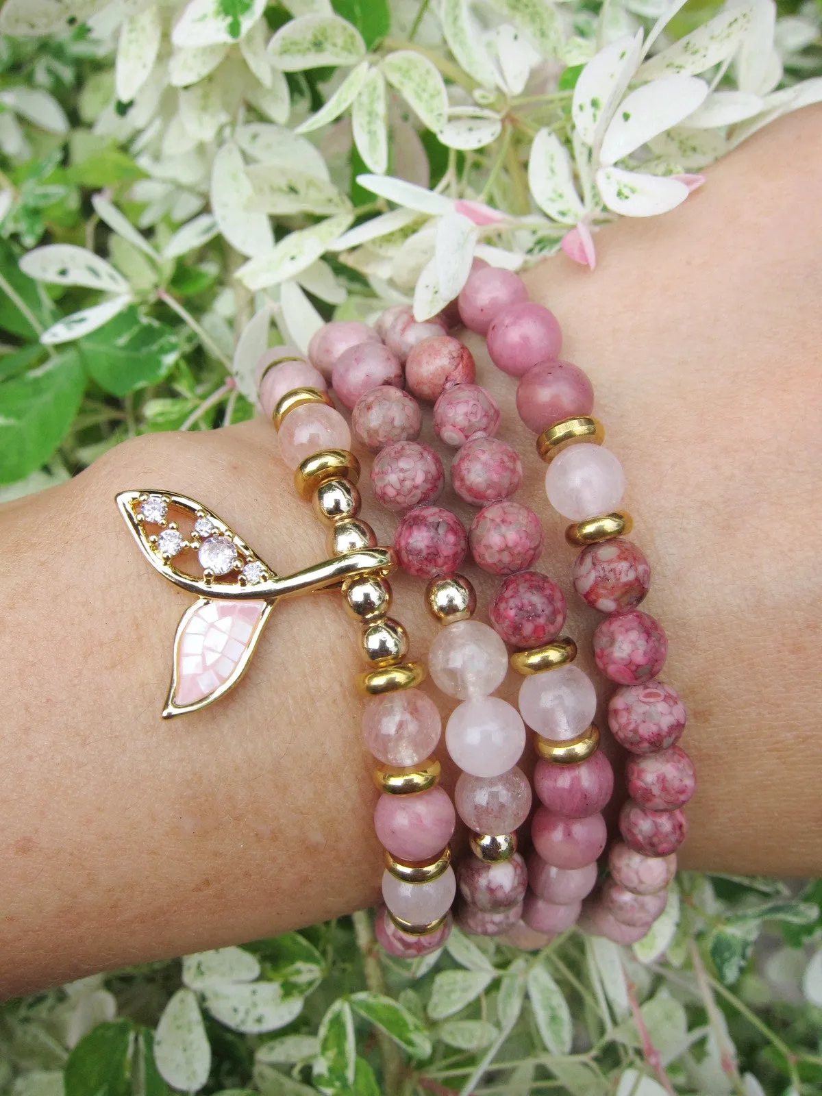 Rose Quartz, Rhodonite, Fossil Jasper Single Mala Bracelets