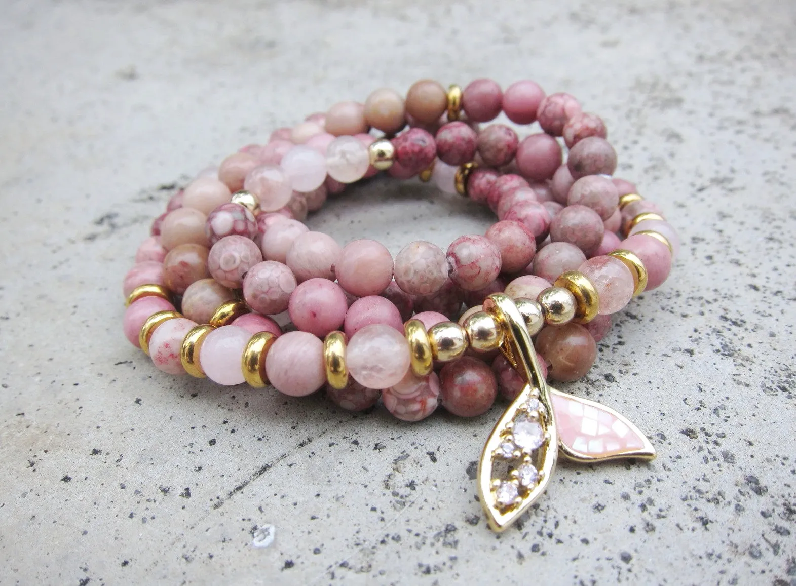 Rose Quartz, Rhodonite, Fossil Jasper Single Mala Bracelets