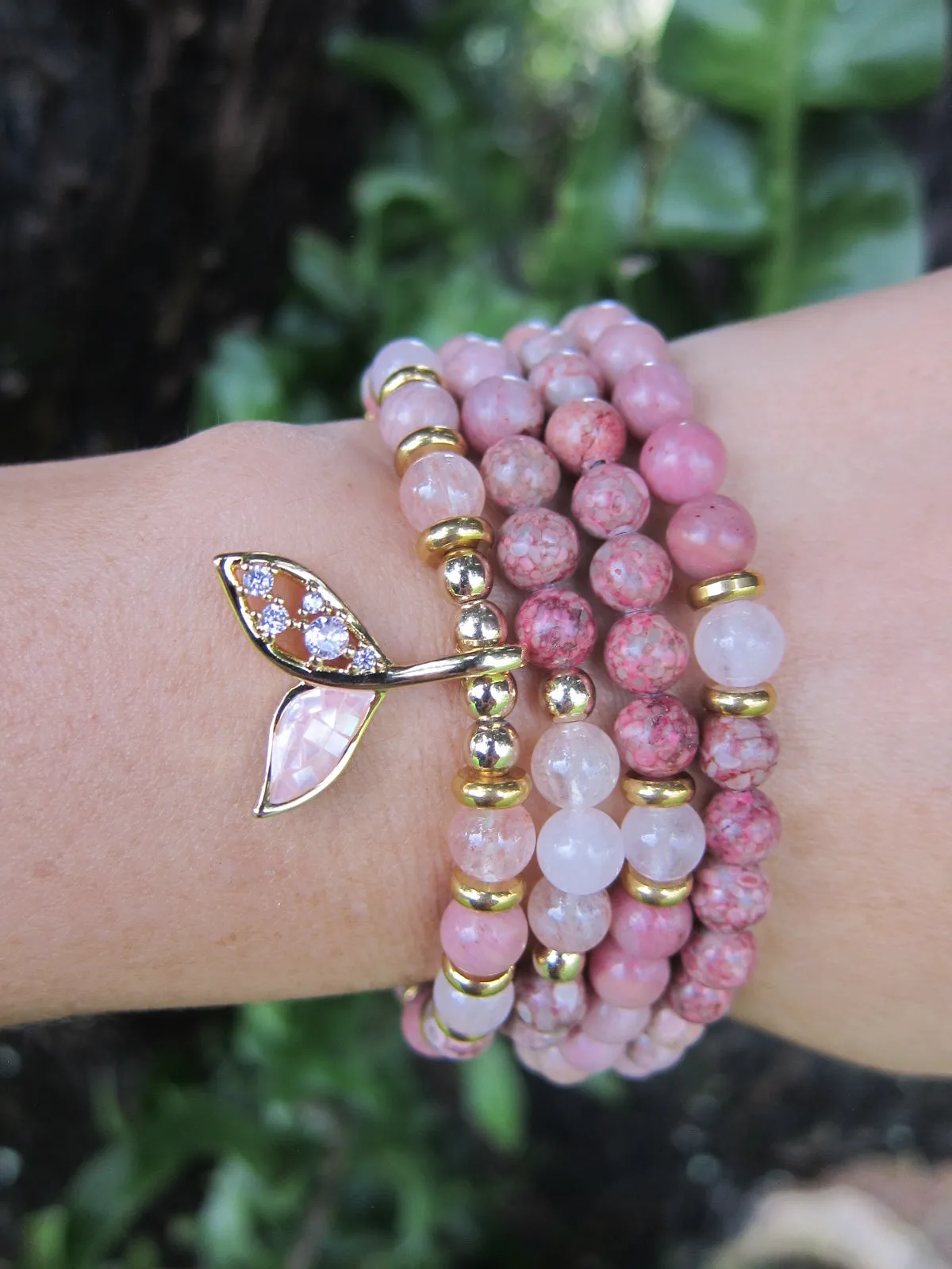 Rose Quartz, Rhodonite, Fossil Jasper Single Mala Bracelets