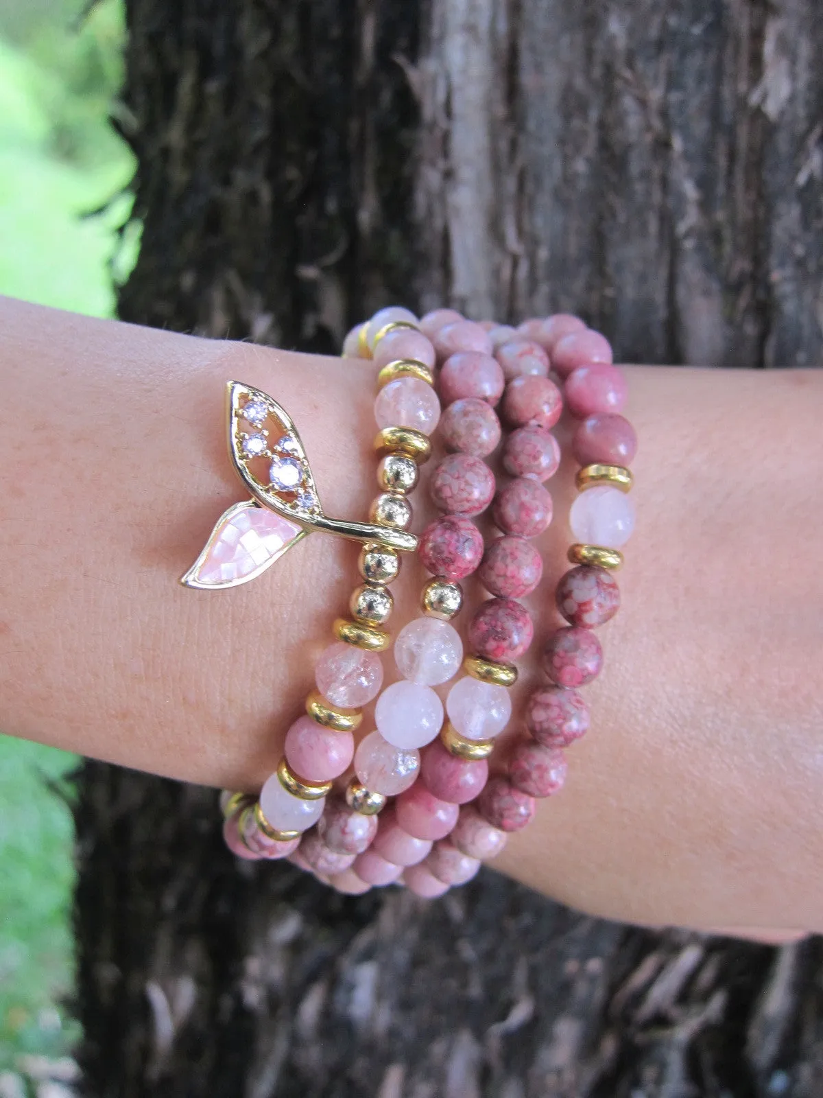 Rose Quartz, Rhodonite, Fossil Jasper Single Mala Bracelets