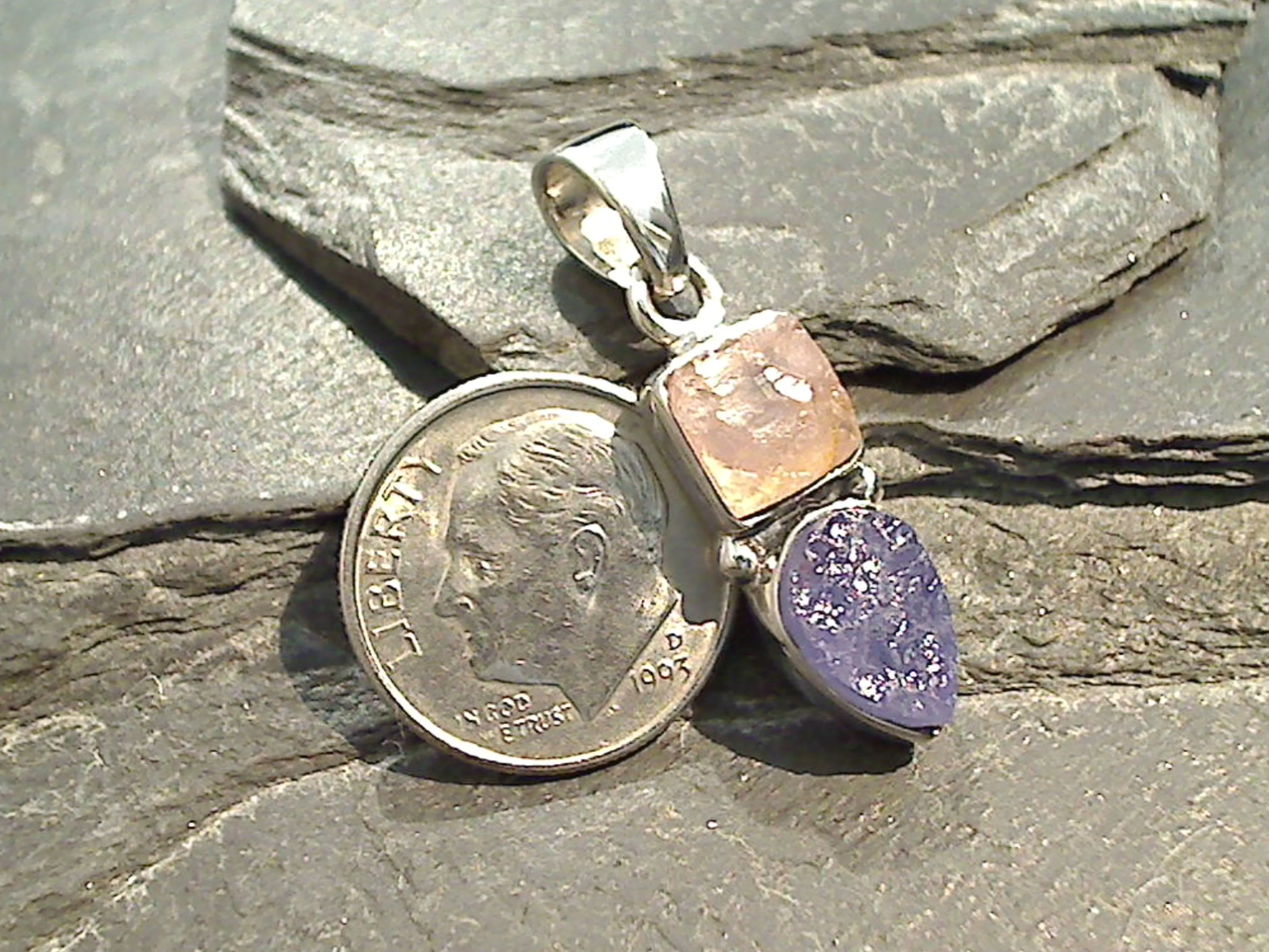 Rose Quartz, Tanzanite, Sterling Silver Small Pendant