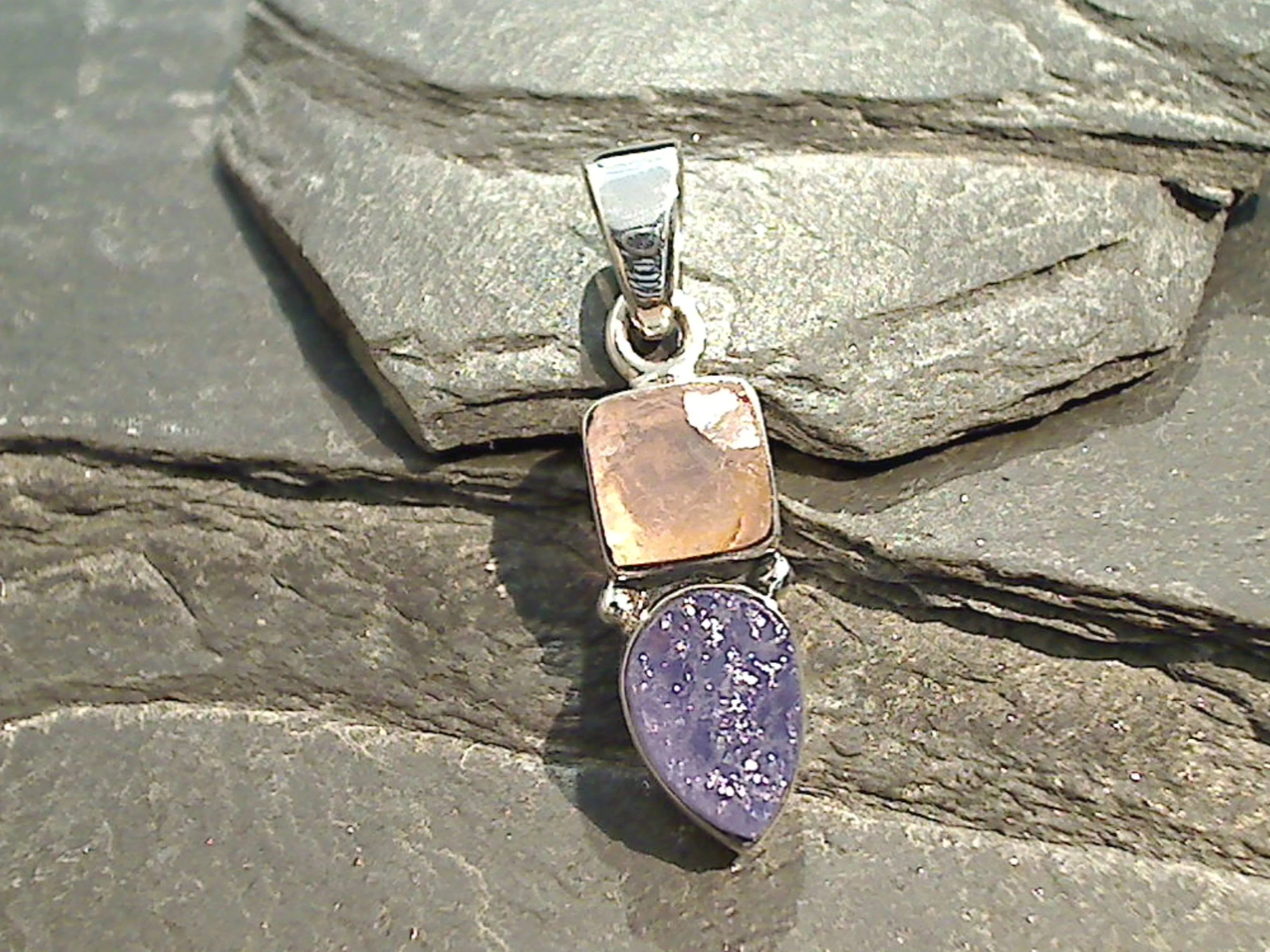 Rose Quartz, Tanzanite, Sterling Silver Small Pendant