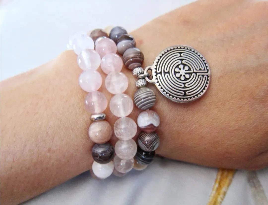 SALE - 54 Bead Mala Necklace in Rose Quartz and Botswana Agate with Labyrinth Charm