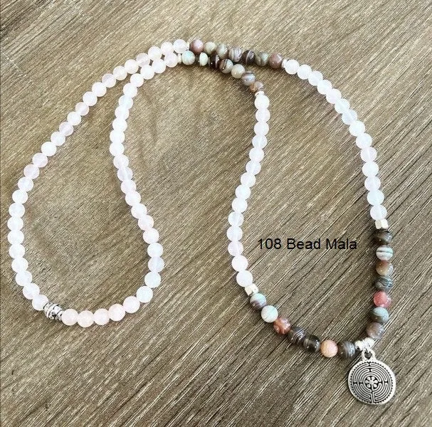 SALE - 54 Bead Mala Necklace in Rose Quartz and Botswana Agate with Labyrinth Charm