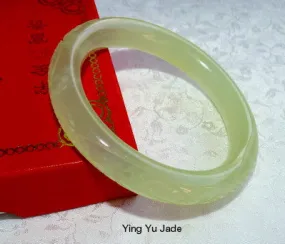 Sale-Classic Round Chinese Jade Etched Dragons, Flowers and More Bangle Bracelet -59 mm (NJCARV-30-59)