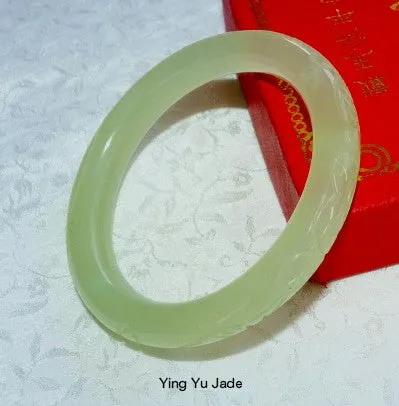 Sale-Classic Round Chinese Jade Etched Dragons, Flowers and More Bangle Bracelet -61 mm (NJCARV-30-61)