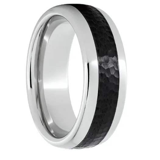 Serinium Domed Band with Black Ceramic Inlay and Hammered Center Finish