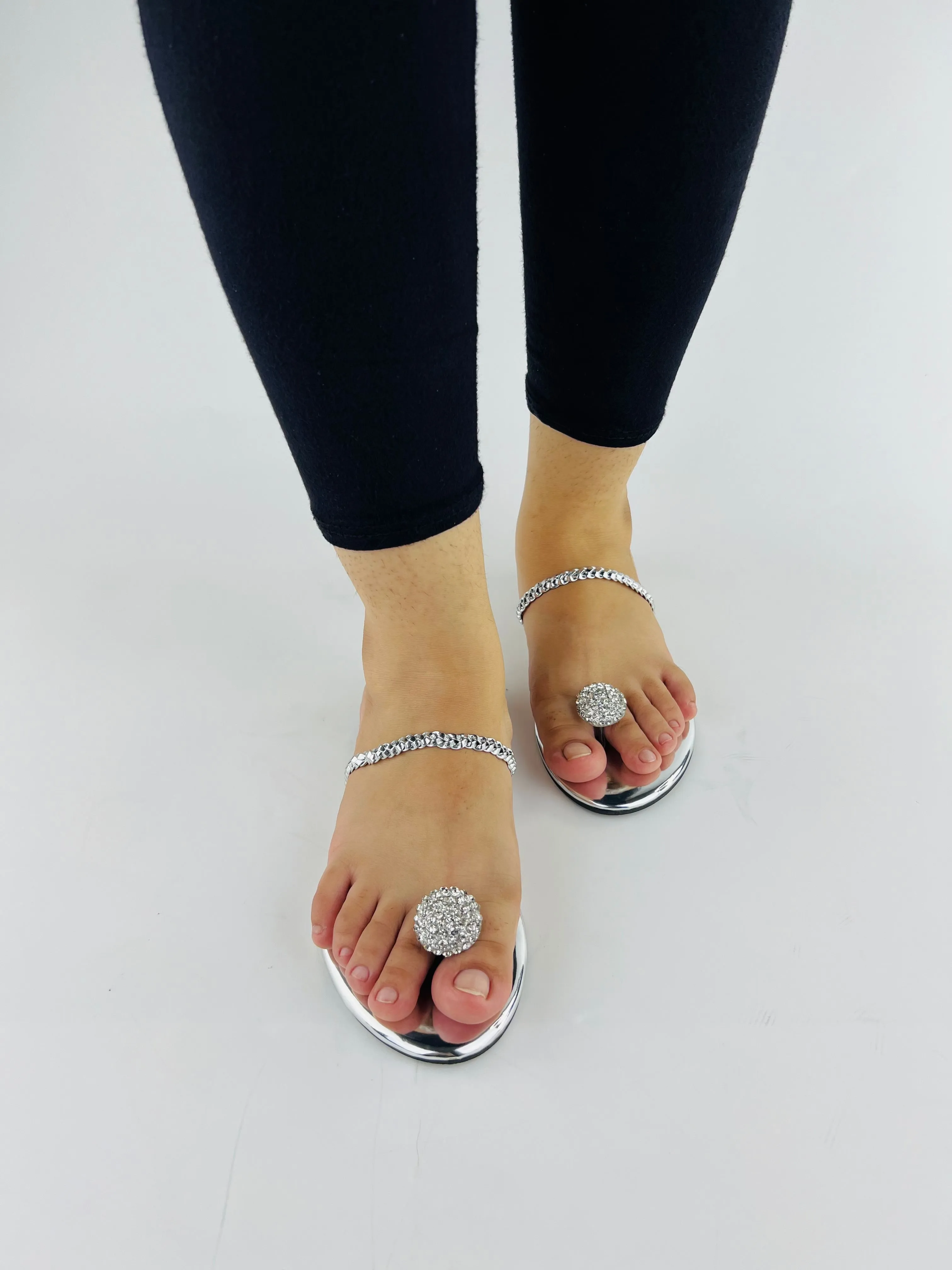 Silver Metallic Rhinestone Decor Ball Embellishment Flats