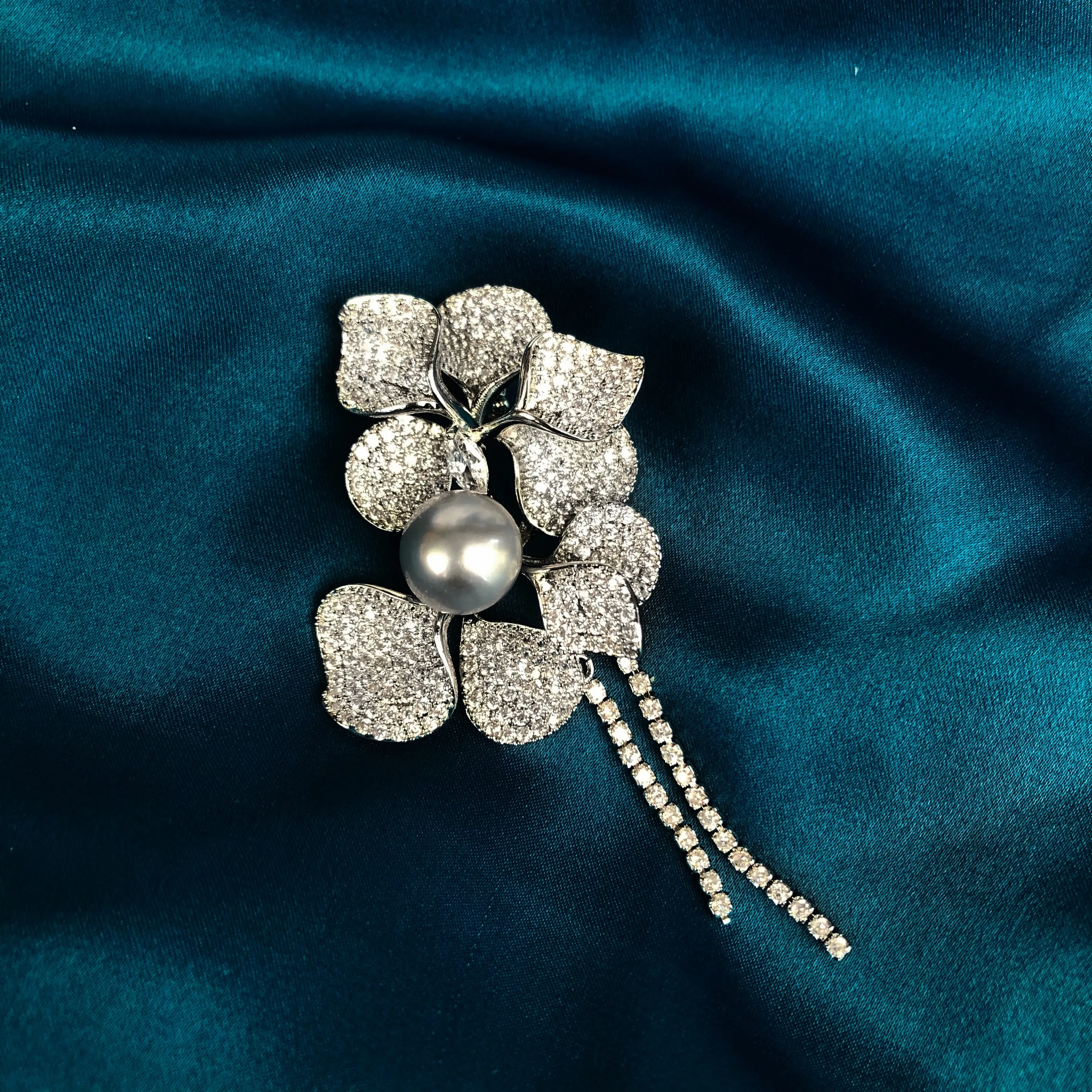 Silver Plated Orchid Zircon Brooch Pendant