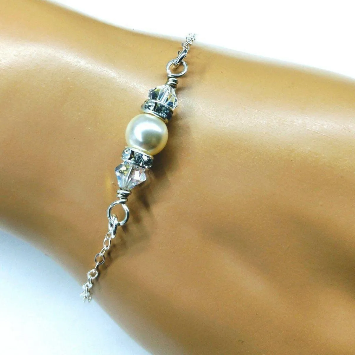 Silver Swarovski Crystal Pearl Bar Bridal Bracelet