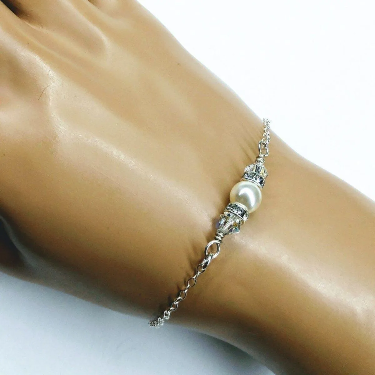 Silver Swarovski Crystal Pearl Bar Bridal Bracelet