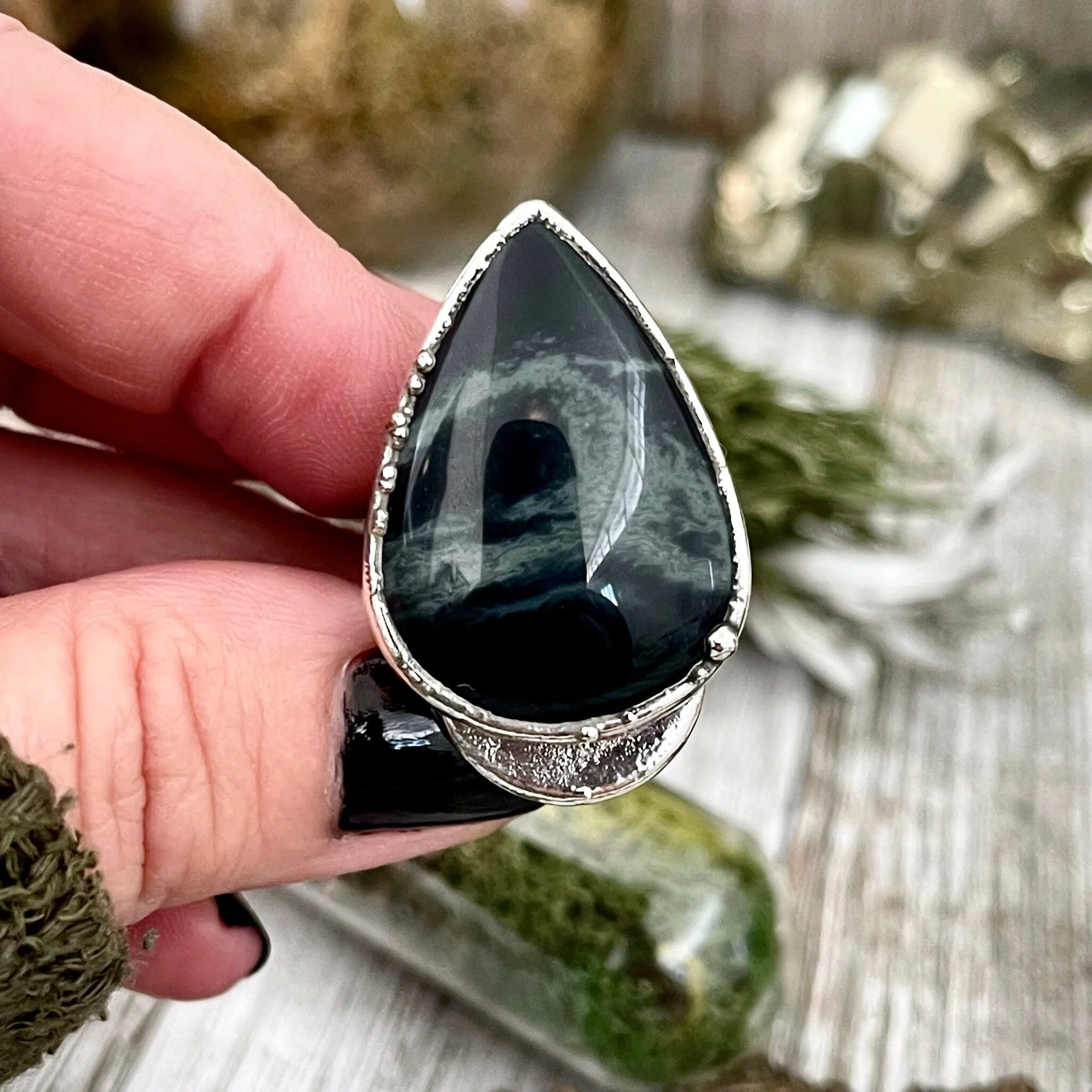 Size 8 Silver Spiderweb Obsidian Ring Large Crystal Ring / Foxlark Collection - One of a Kind