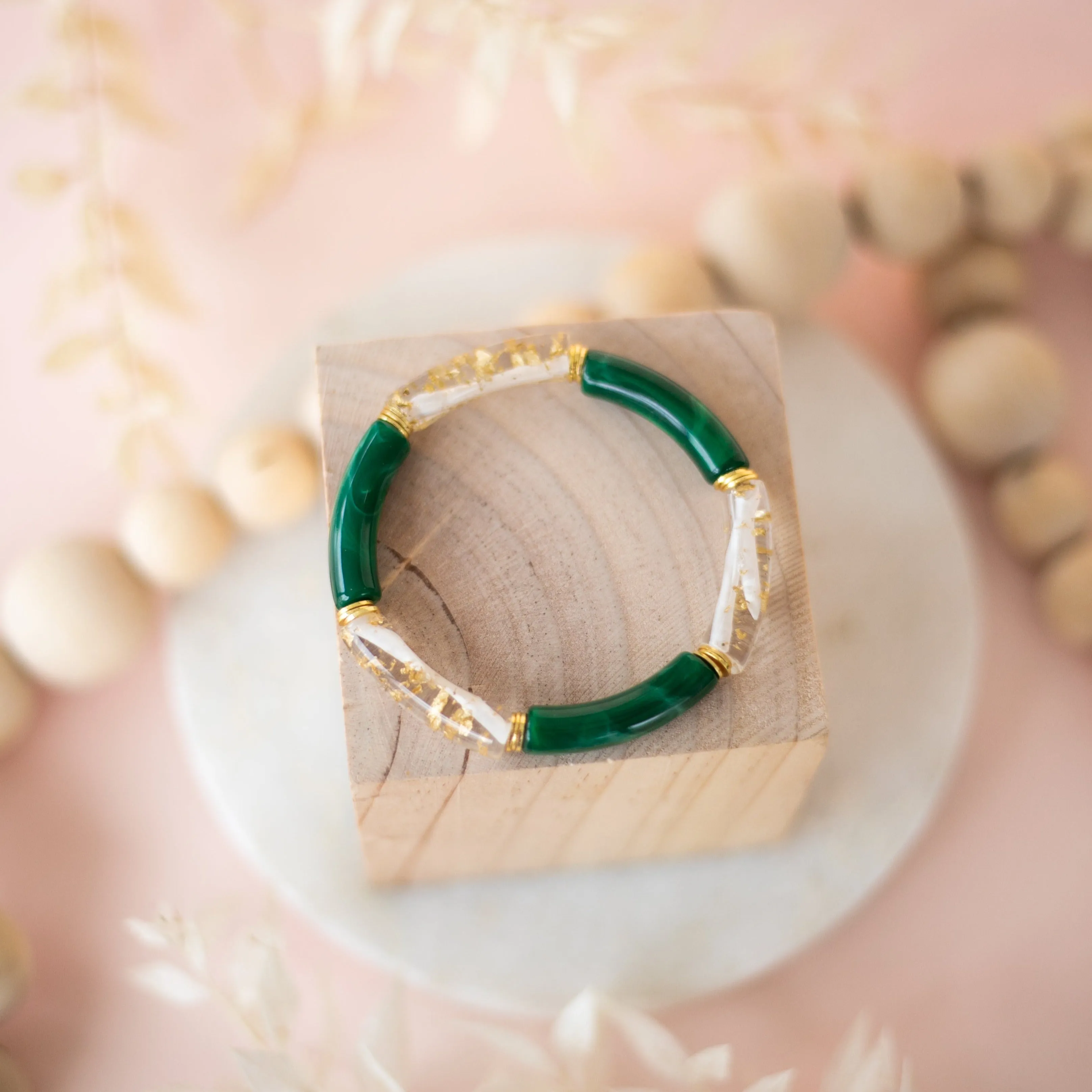 Skinny Acrylic Bamboo Bracelet: Green   Gold Leaf