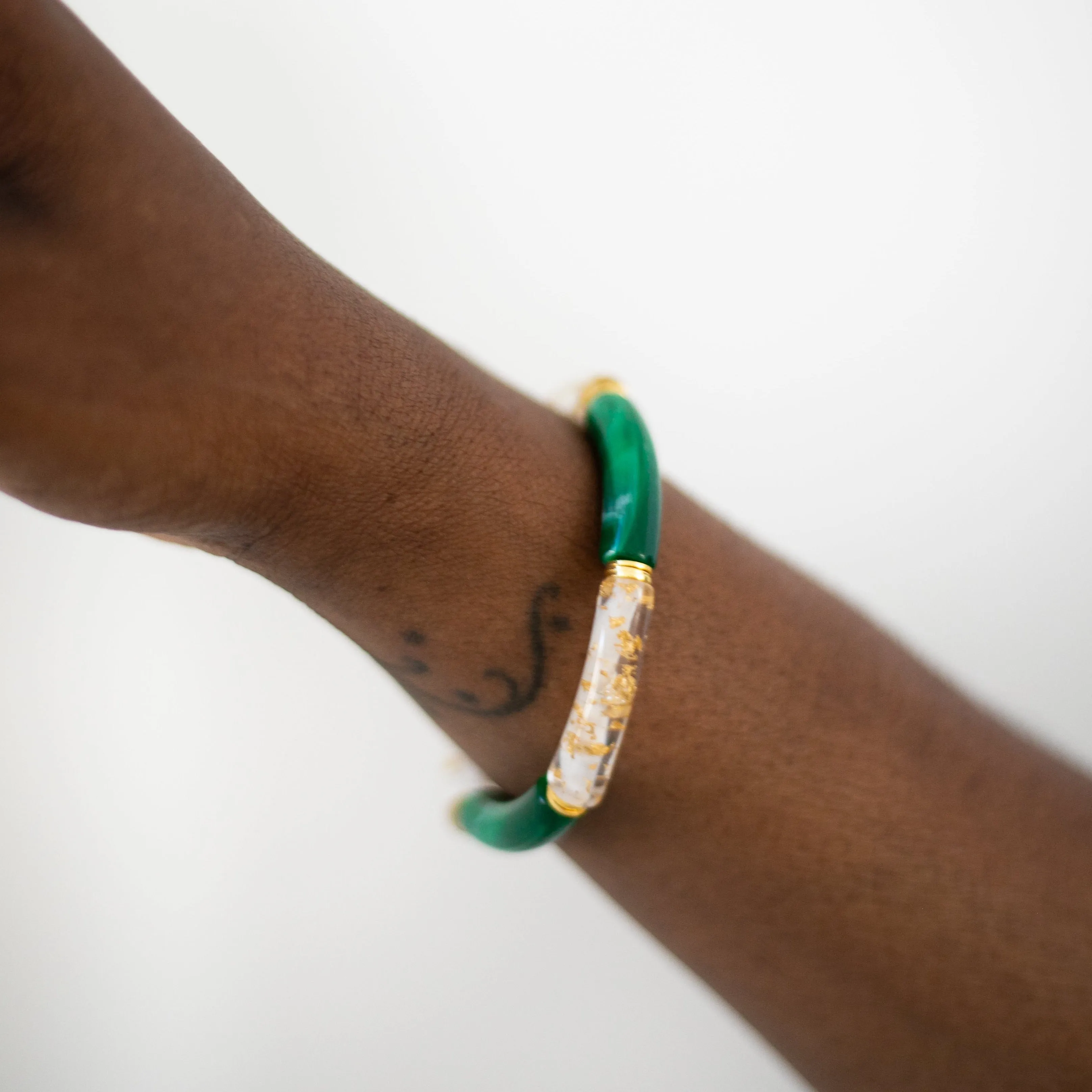 Skinny Acrylic Bamboo Bracelet: Green   Gold Leaf