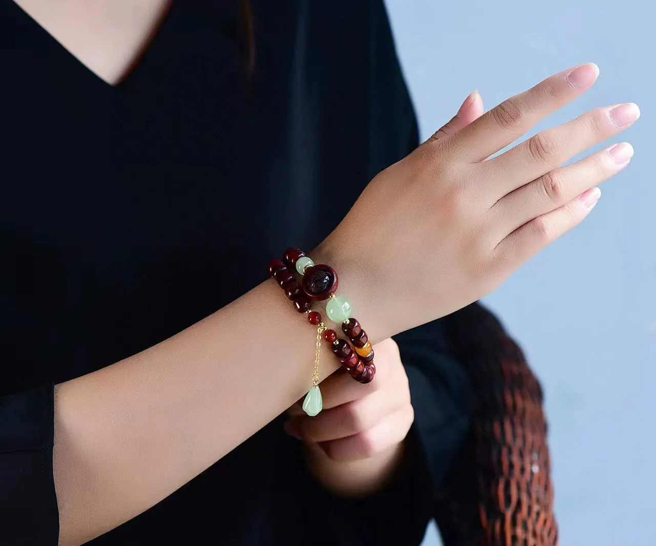 Small Leaf Red Sandalwood Two Loop Bracelet with Small Leaf Carved Beads and Jade Chalcedony Beads