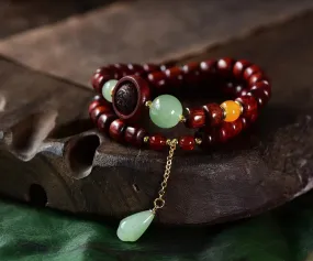 Small Leaf Red Sandalwood Two Loop Bracelet with Small Leaf Carved Beads and Jade Chalcedony Beads