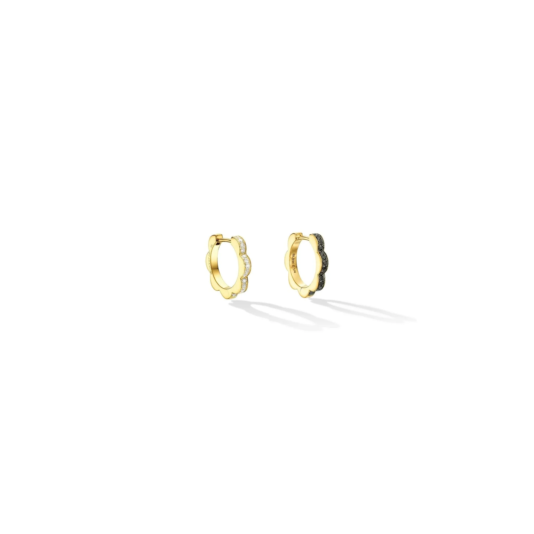 Small Yellow Gold Triplet Hoop Earrings with Black and White Diamonds