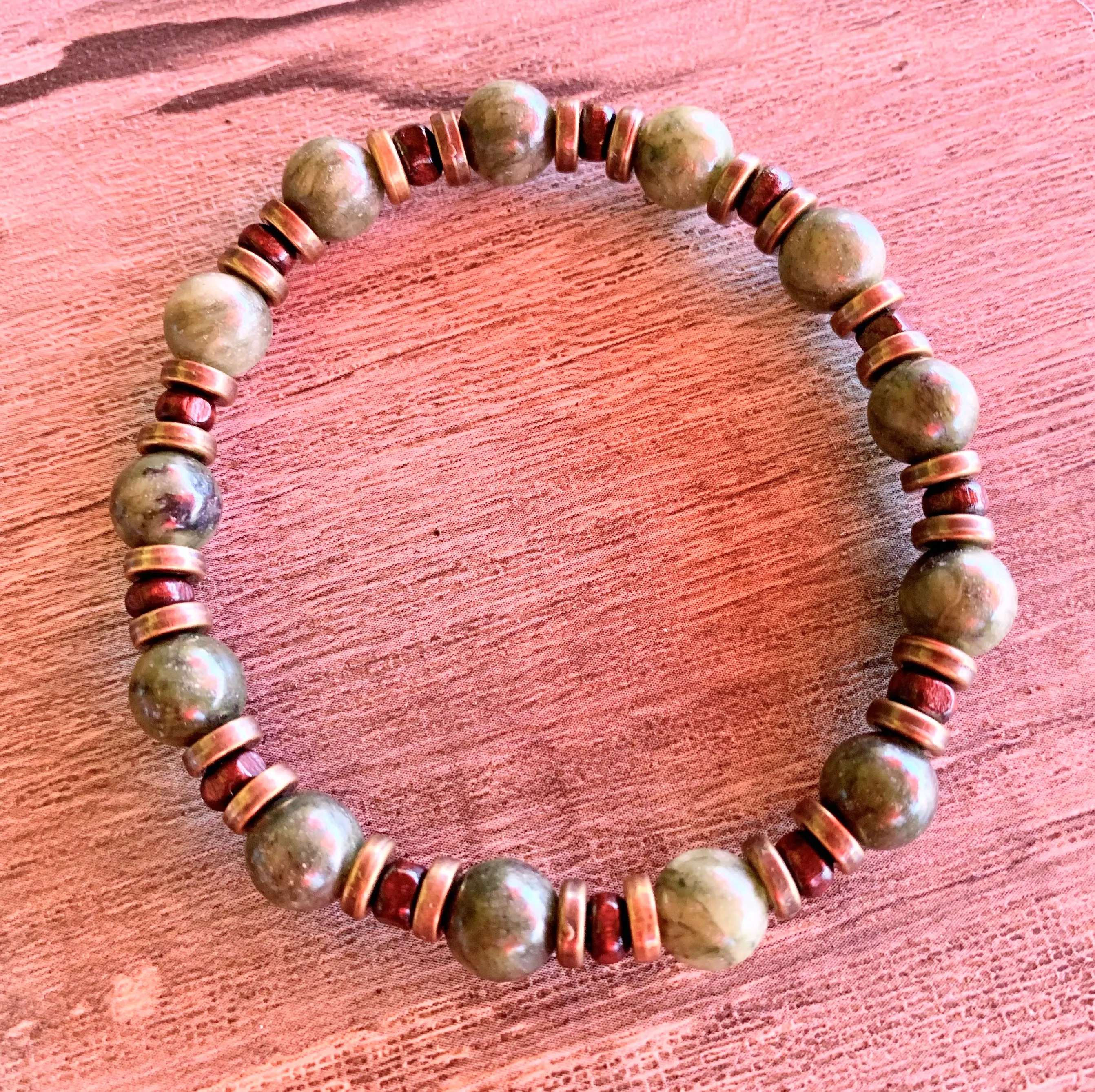 🔴SOLD🔴 Jamie Handmade Chinese Green Jade, Wood, and Antique Gold Expandable Bracelet