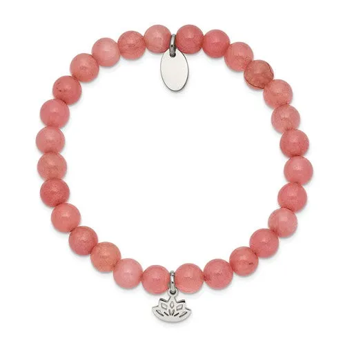 Stainless Steel Lotus Charm Pink Jade Stretch Bracelet