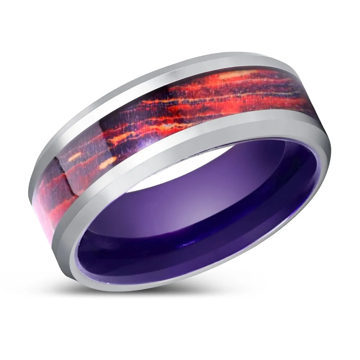 STARLYNX | Purple Tungsten Ring, Galaxy Wood Inlay Ring, Silver Edges