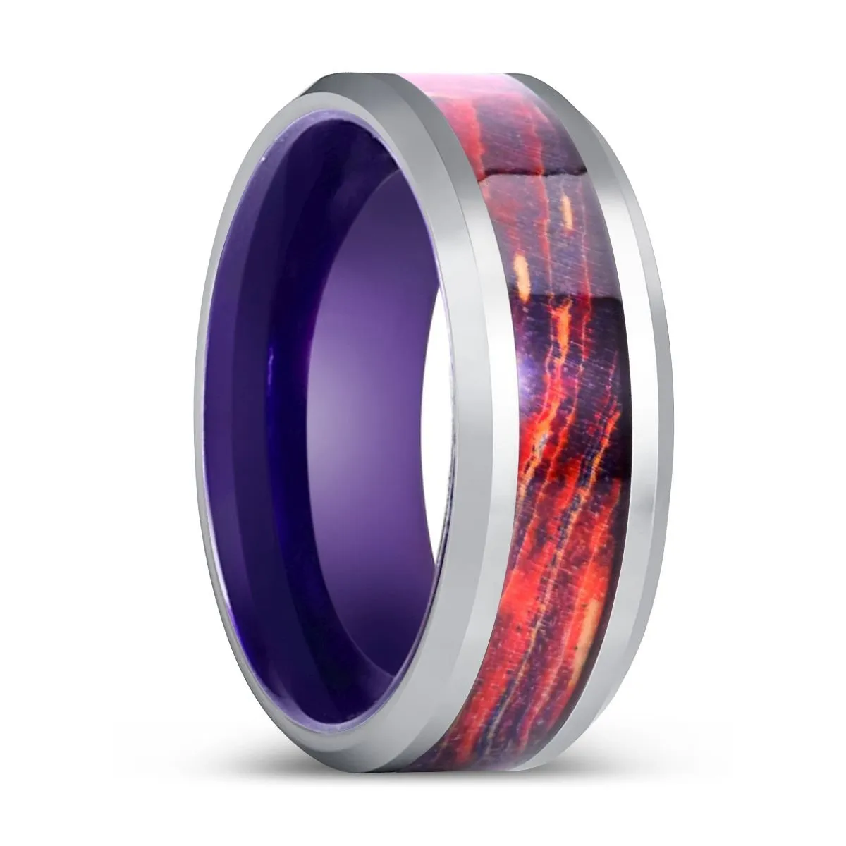 STARLYNX | Purple Tungsten Ring, Galaxy Wood Inlay Ring, Silver Edges