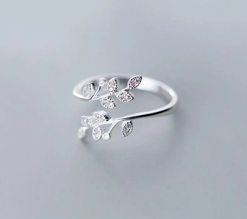 Sterling Silver Crystal Leaf Rings For Women