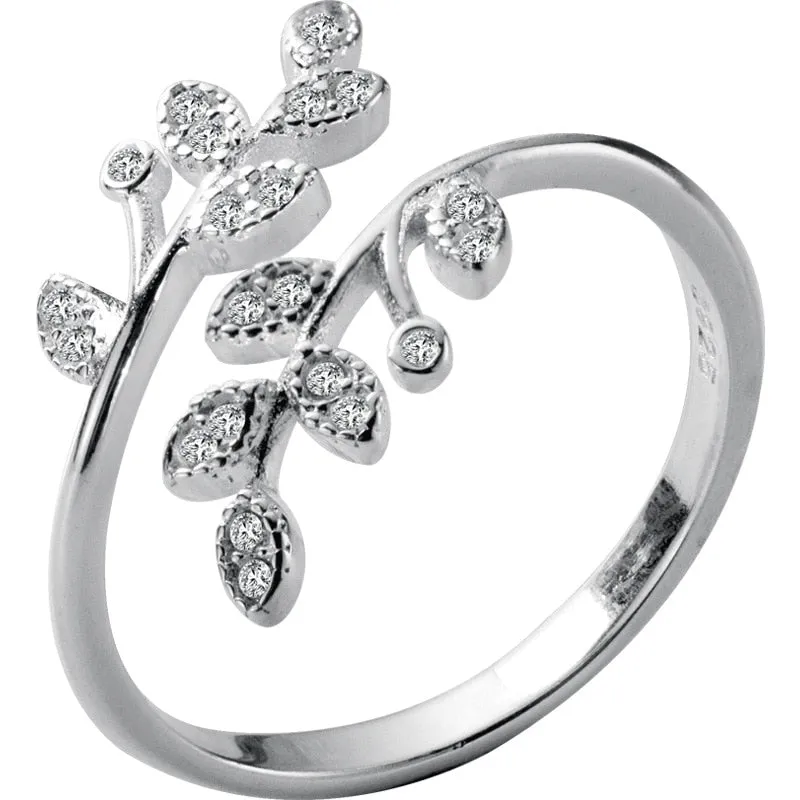 Sterling Silver Crystal Leaf Rings For Women