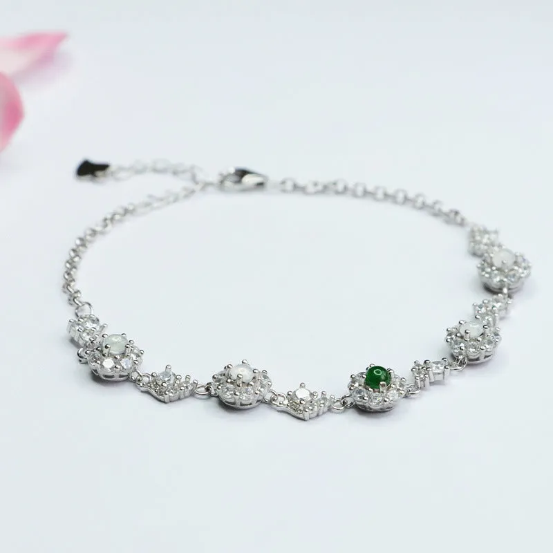 Sterling Silver Natural Ice Jadeite Bracelet with King Green and White Ice Myanmar Jade