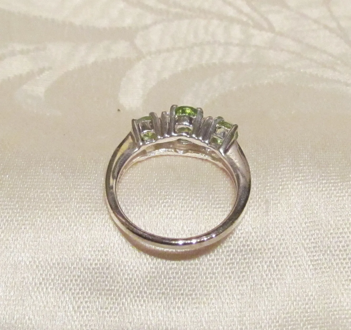 Sterling Silver Peridot Ring 1.55 Carat Oval 2 Round Cut Peridot 4 White Topaz Stone Ring  Size 7 1/2