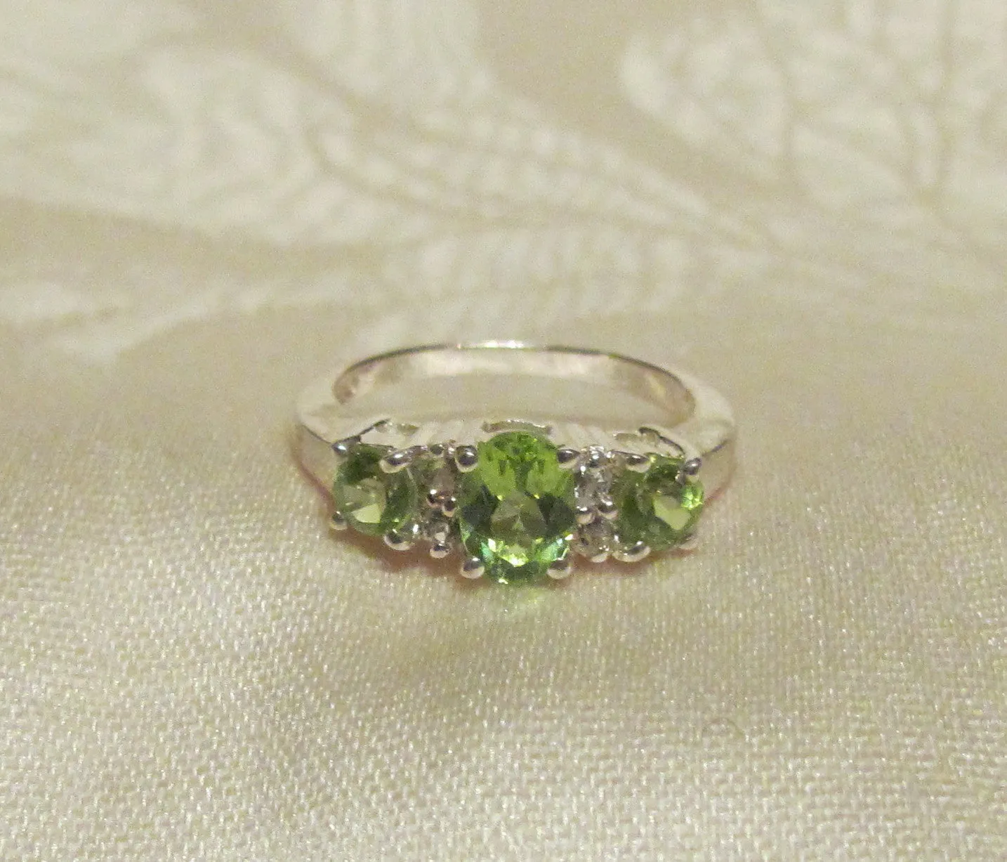 Sterling Silver Peridot Ring 1.55 Carat Oval 2 Round Cut Peridot 4 White Topaz Stone Ring  Size 7 1/2