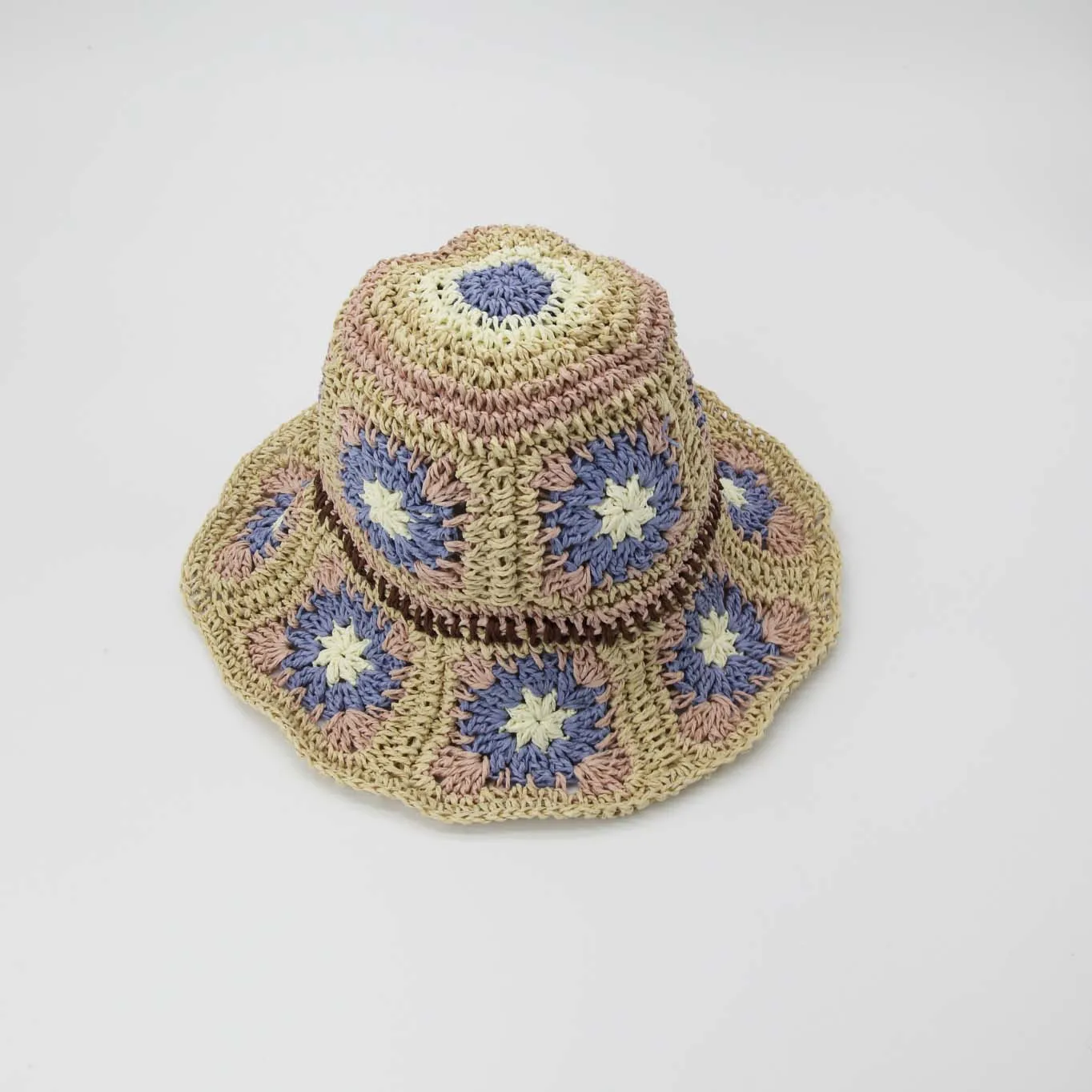 Straw Crochet Bucket Hat in Floral Natural, Pink & Blue