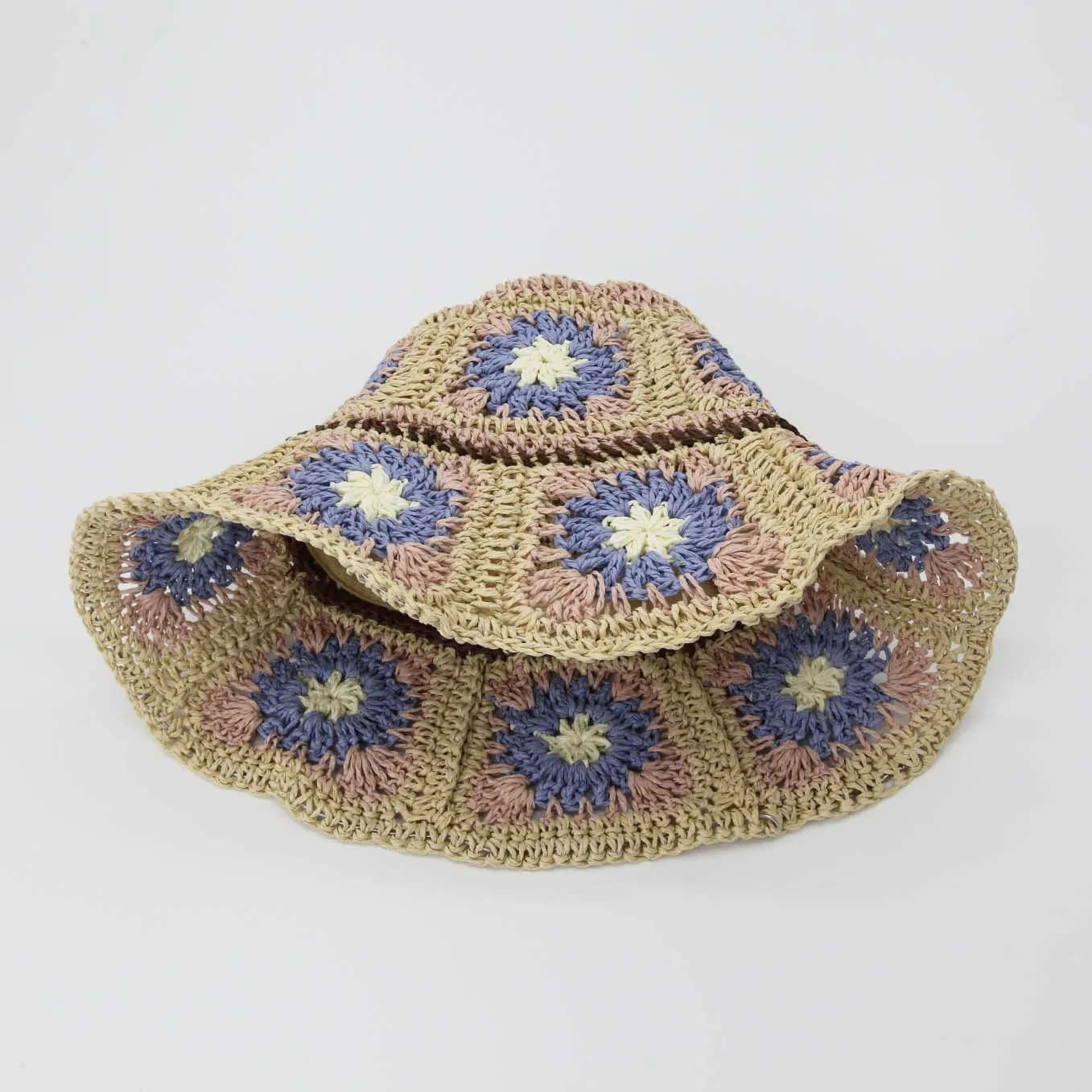 Straw Crochet Bucket Hat in Floral Natural, Pink & Blue