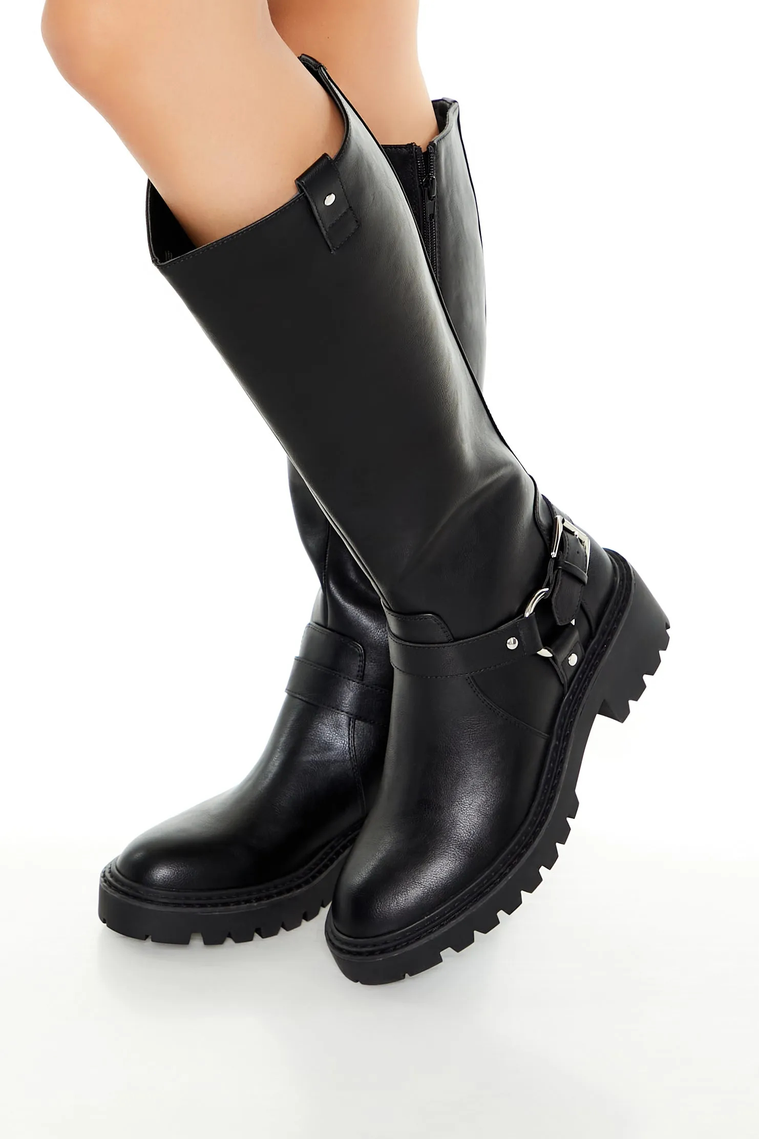 Studded O-Ring Faux Leather Boots