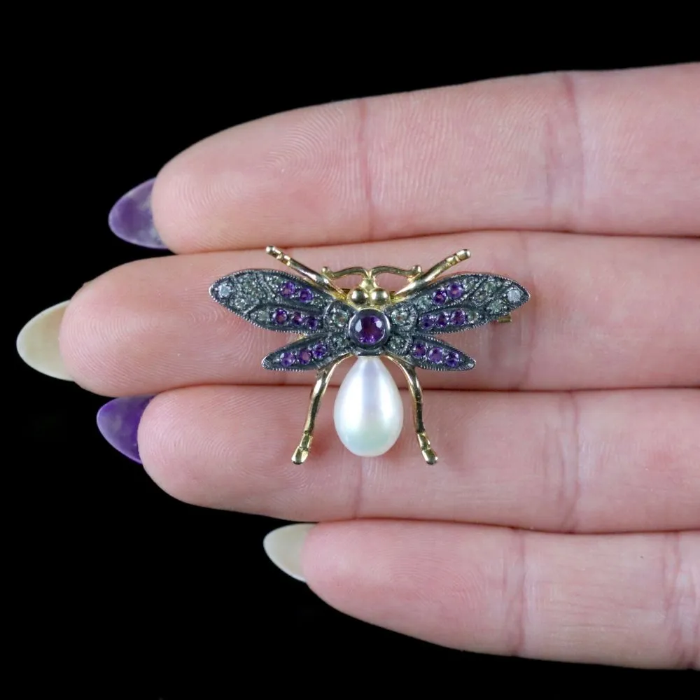 Suffragette Insect Brooch Amethyst Peridot Diamond Pearl